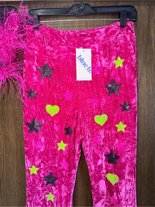 Blue B Women’s Pink Velvet Star & Heart Embellished Flared Pants Size Large NWT