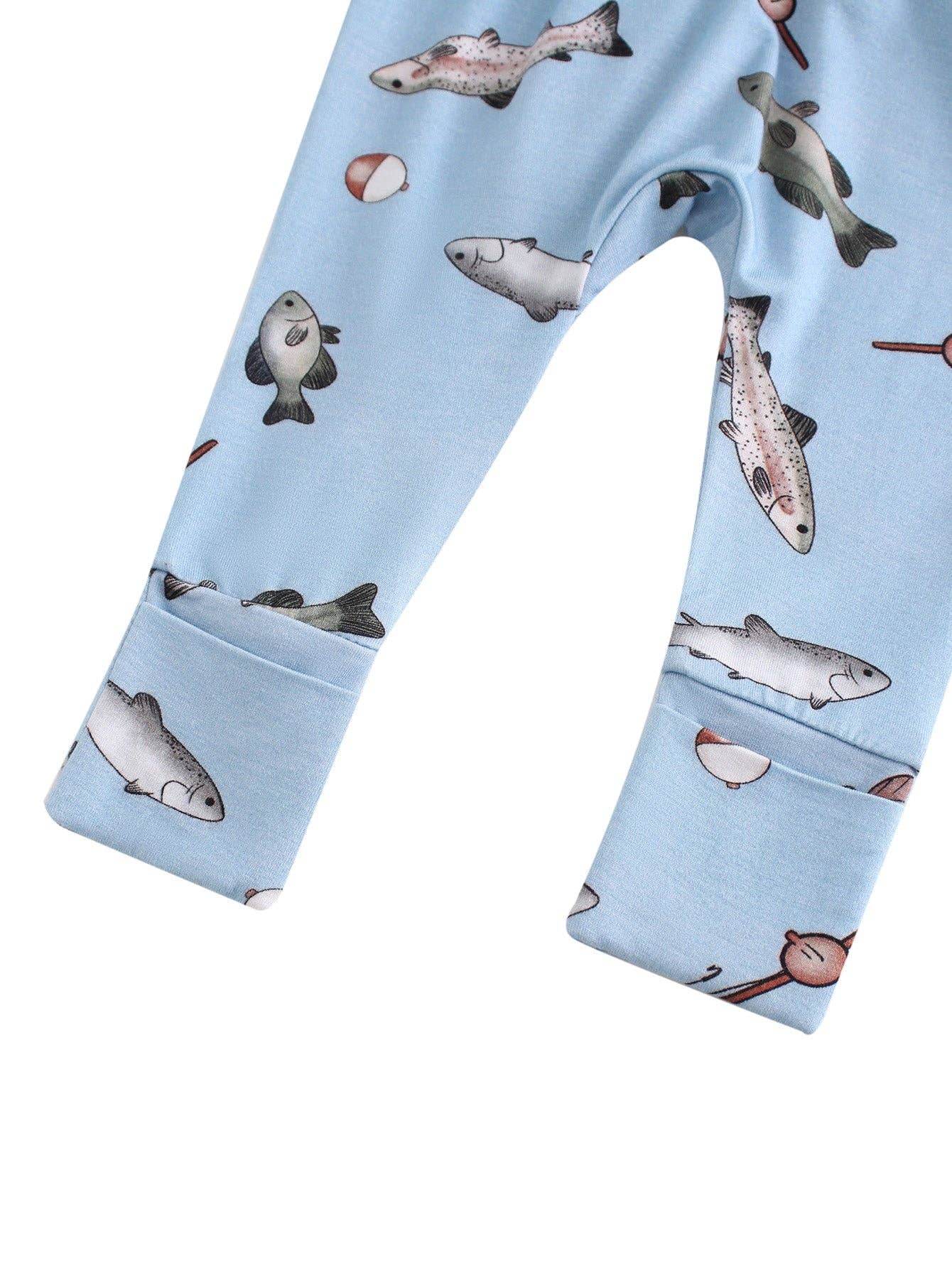 PoshTOT Blue Fish Bamboo Baby Convertible Zippy Romper: 0-3M