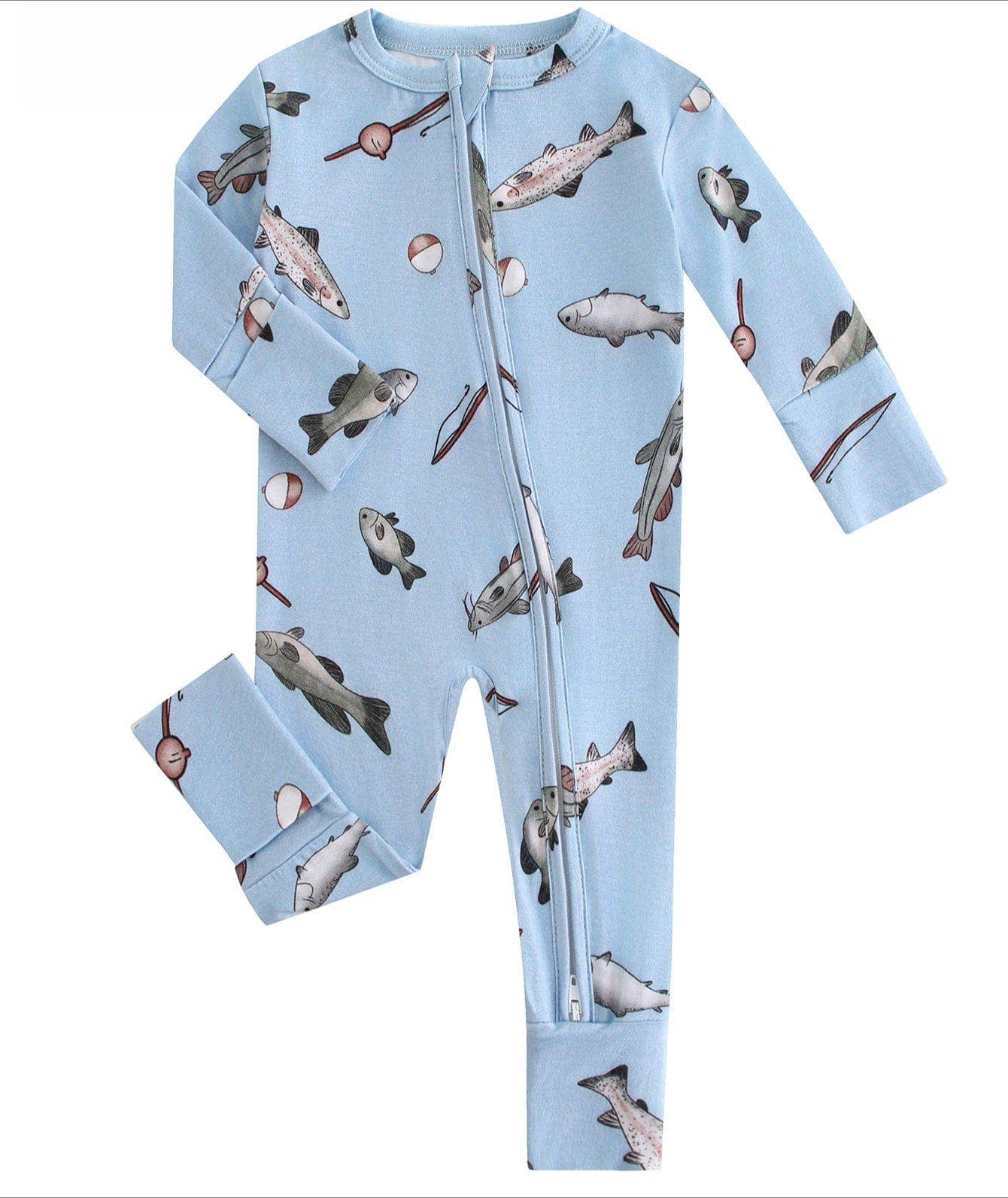 PoshTOT Blue Fish Bamboo Baby Convertible Zippy Romper: 2T