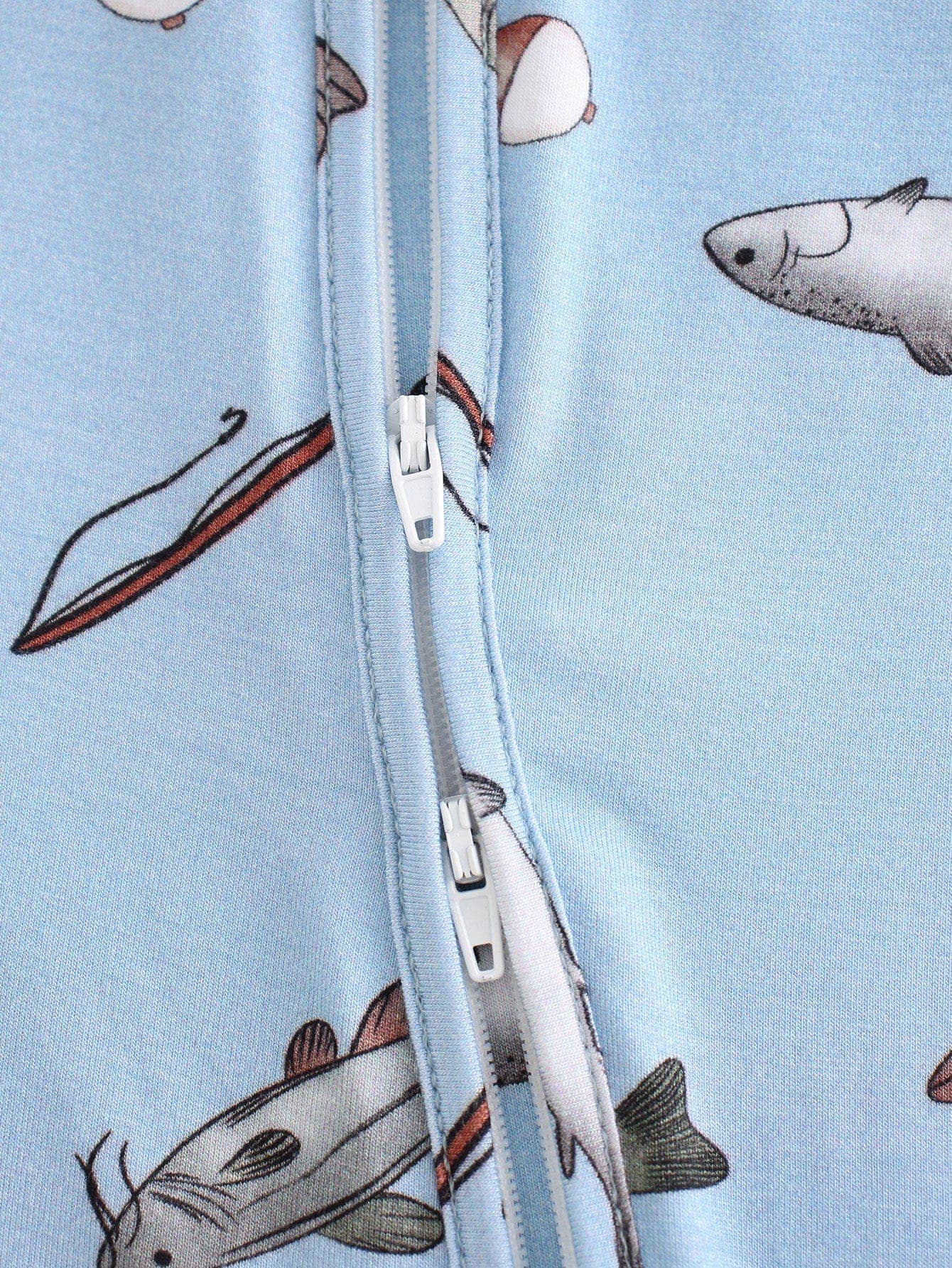 PoshTOT Blue Fish Bamboo Baby Convertible Zippy Romper: 6-9M