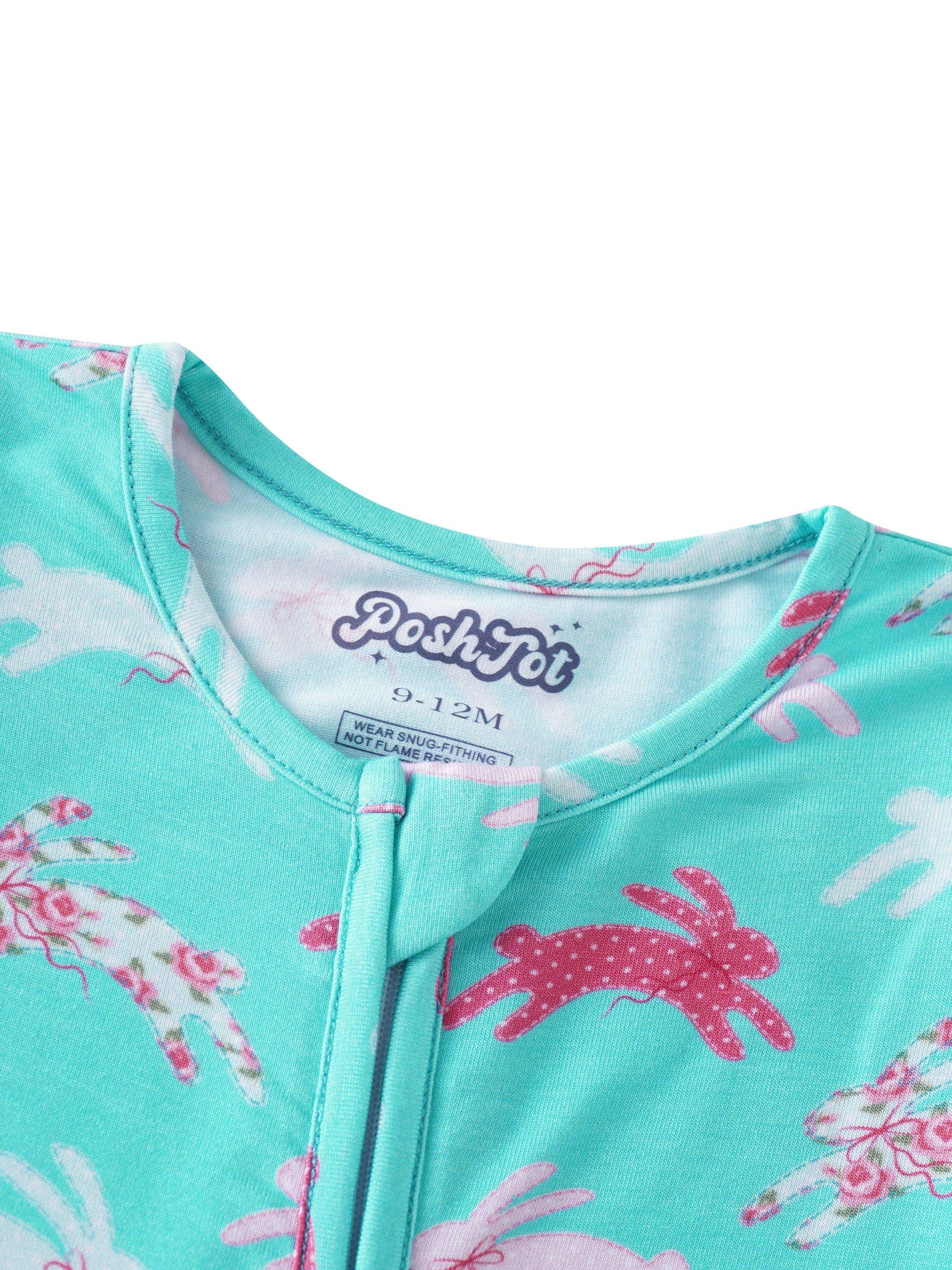 PoshTOT Little Flower Rabbit Bamboo Baby Convertible Zippy Romper: 9-12M