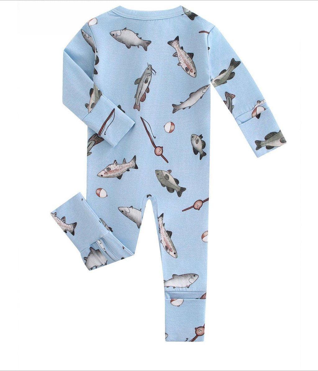 PoshTOT Blue Fish Bamboo Baby Convertible Zippy Romper: 3-6M