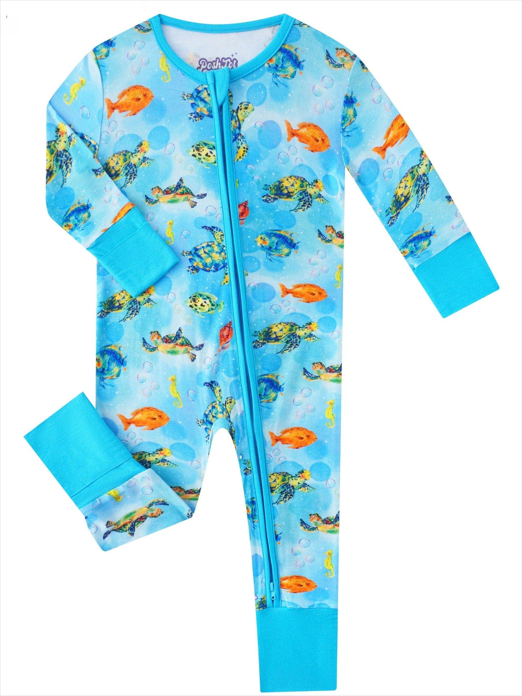 PoshTOT Sea Turtle Bamboo Baby Convertible Zippy Romper: 18-24M