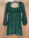 Women’s Altar’d State Emerald Green Sequin Puff Sleeve Mini Dress Size XS