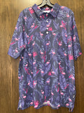 Greater Half Men's Mingos Polo featuring a blue-grey tropical palm leaf and pink flamingo performance print Size XL