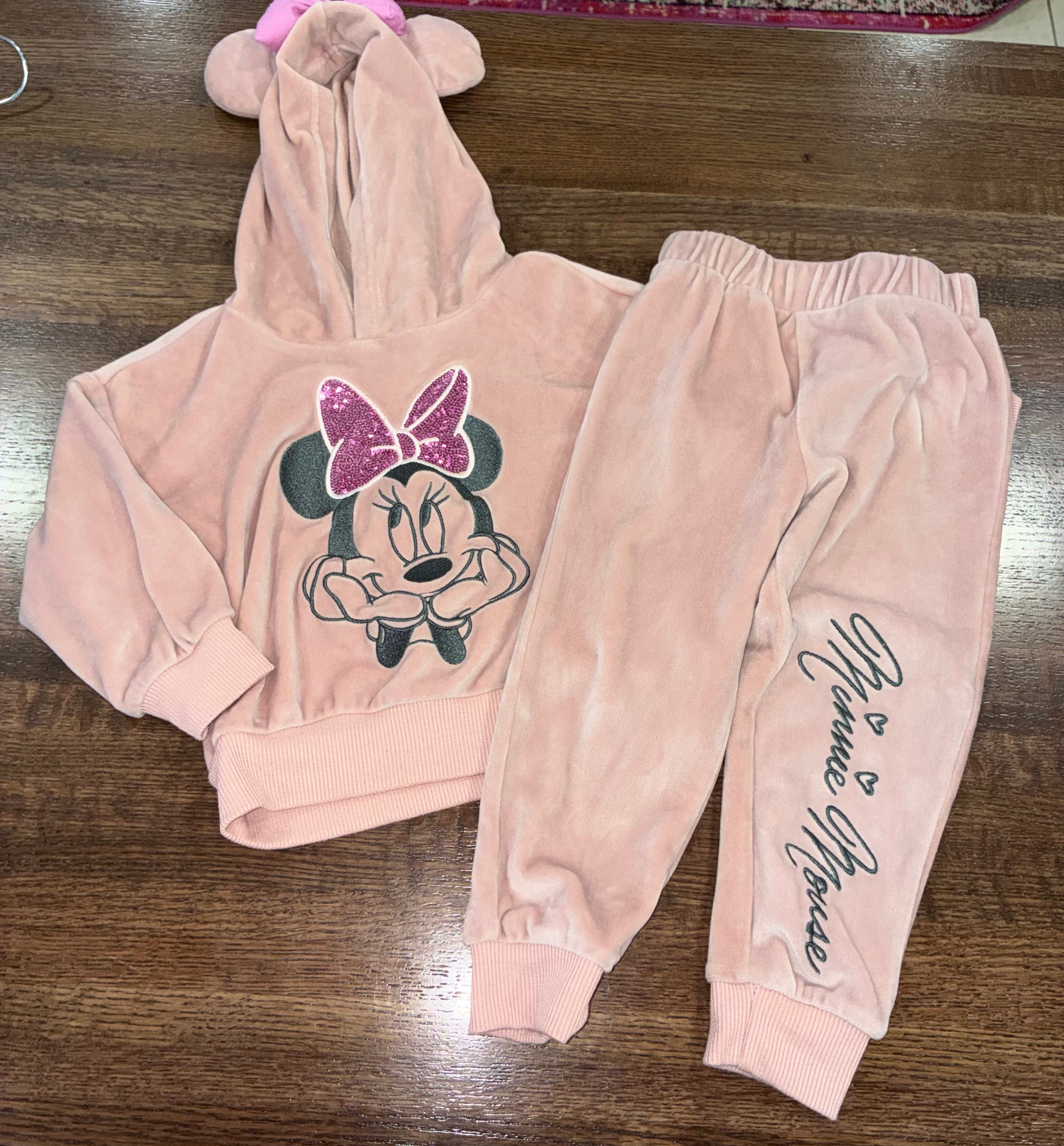 DISNEY Girls Minnie Mouse Pink Velour Hoodie & Jogger Pants Size 24 Months