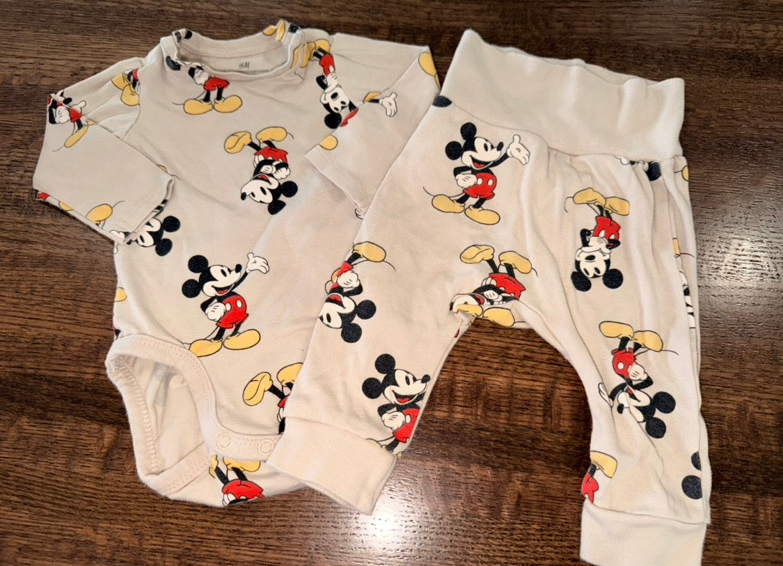 H&M Mickey Mouse Long Sleeve Onesie & Joggers Size 0-3 Months