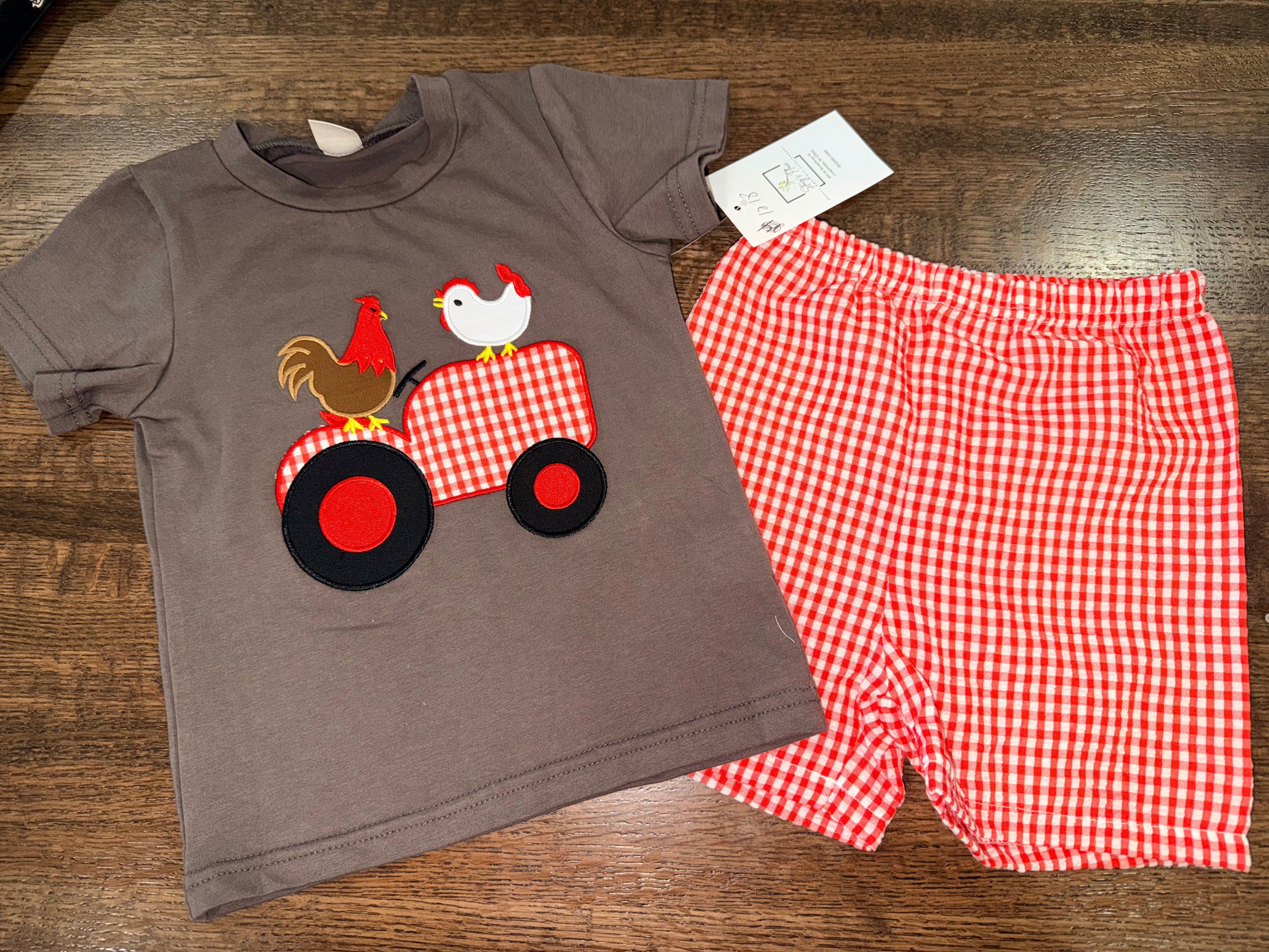 Chickens Tractor Appliqué Top with Gingham Check Shorts Size 12-18 Months New