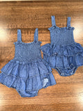 Denim Ruffle Girls Bubble Romper 3-6 New