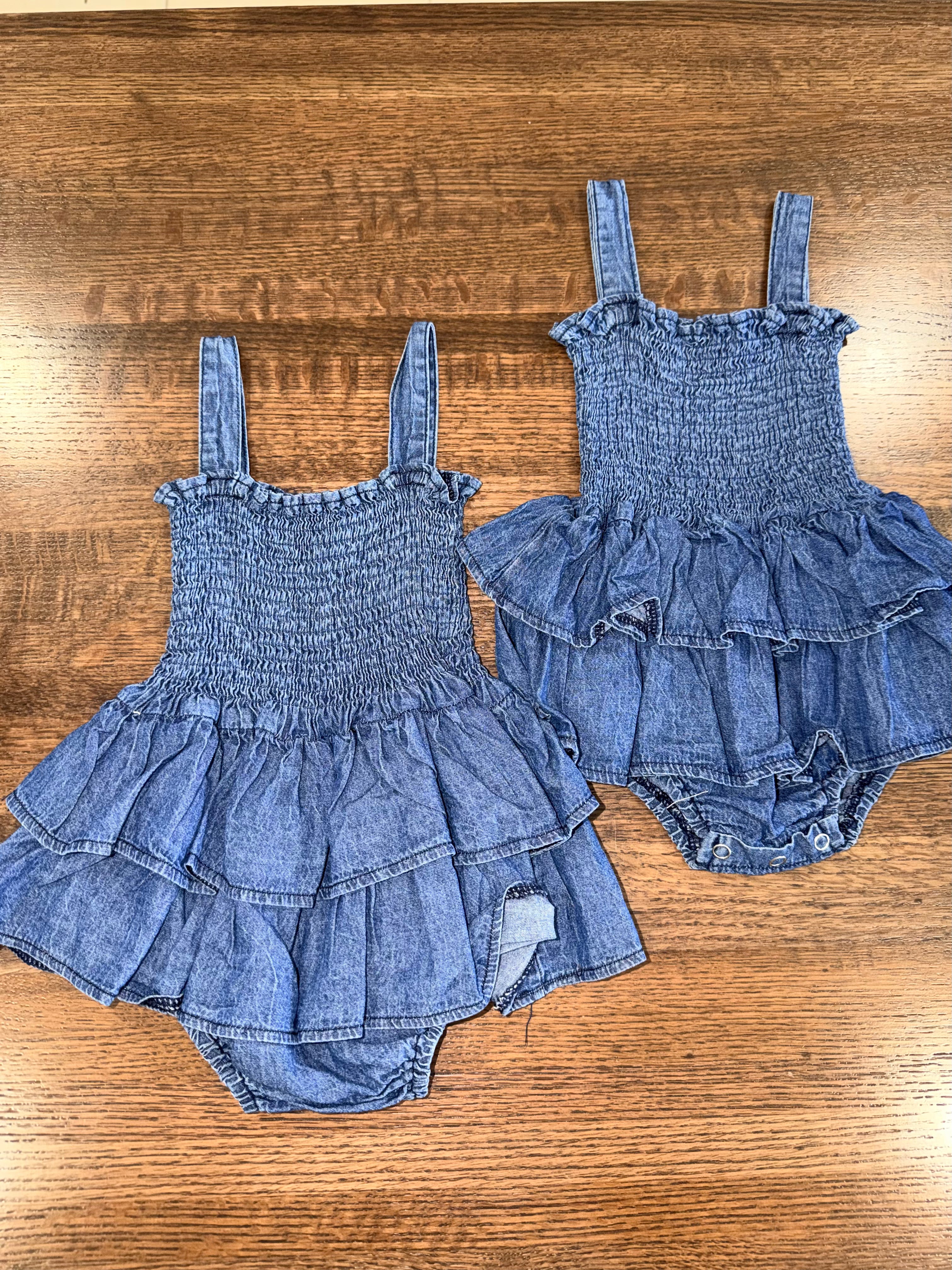 Denim Ruffle Girls Bubble Romper 3-6 New