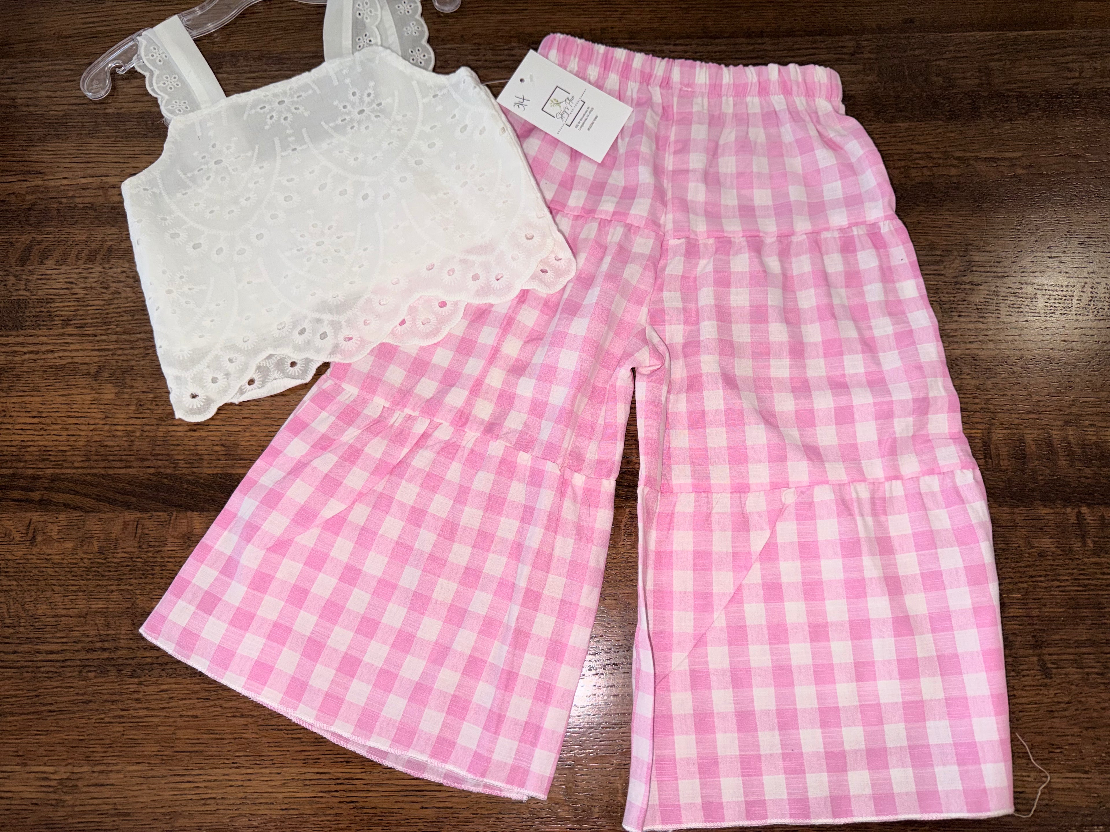 White Eyelet Top with Wide Leg Gingham Pants Size 3/4 New