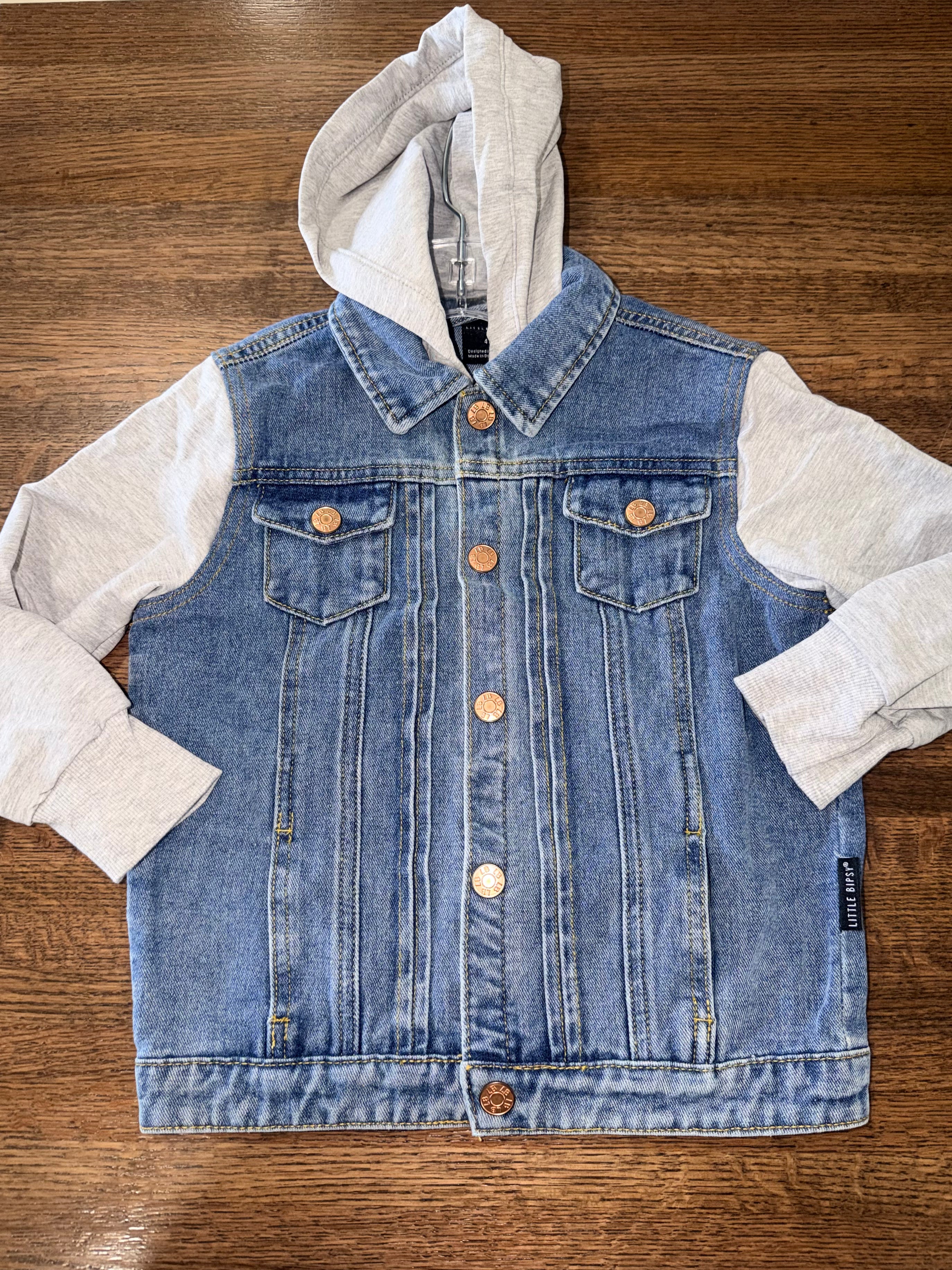 Little Bipsy Boys Hooded Denim & Grey Jacket Size 4/5 4T 5T NWT