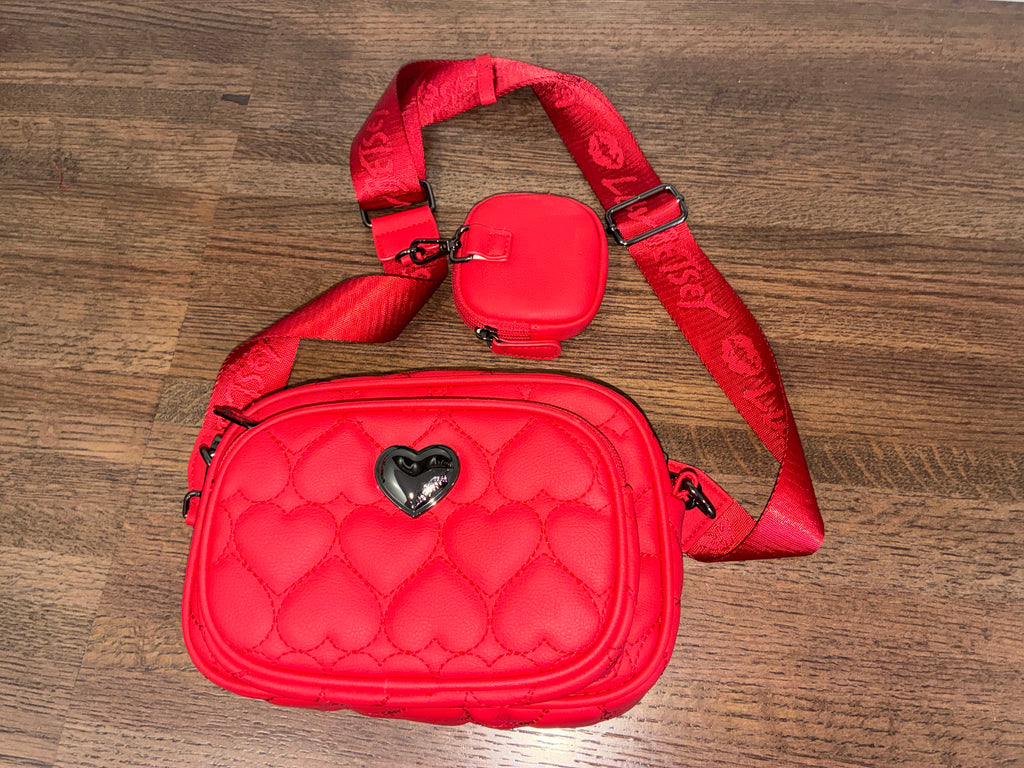 Luv Betsey Heart Quilted Crossbody Camera Bag Red Pink with Mini Pouch