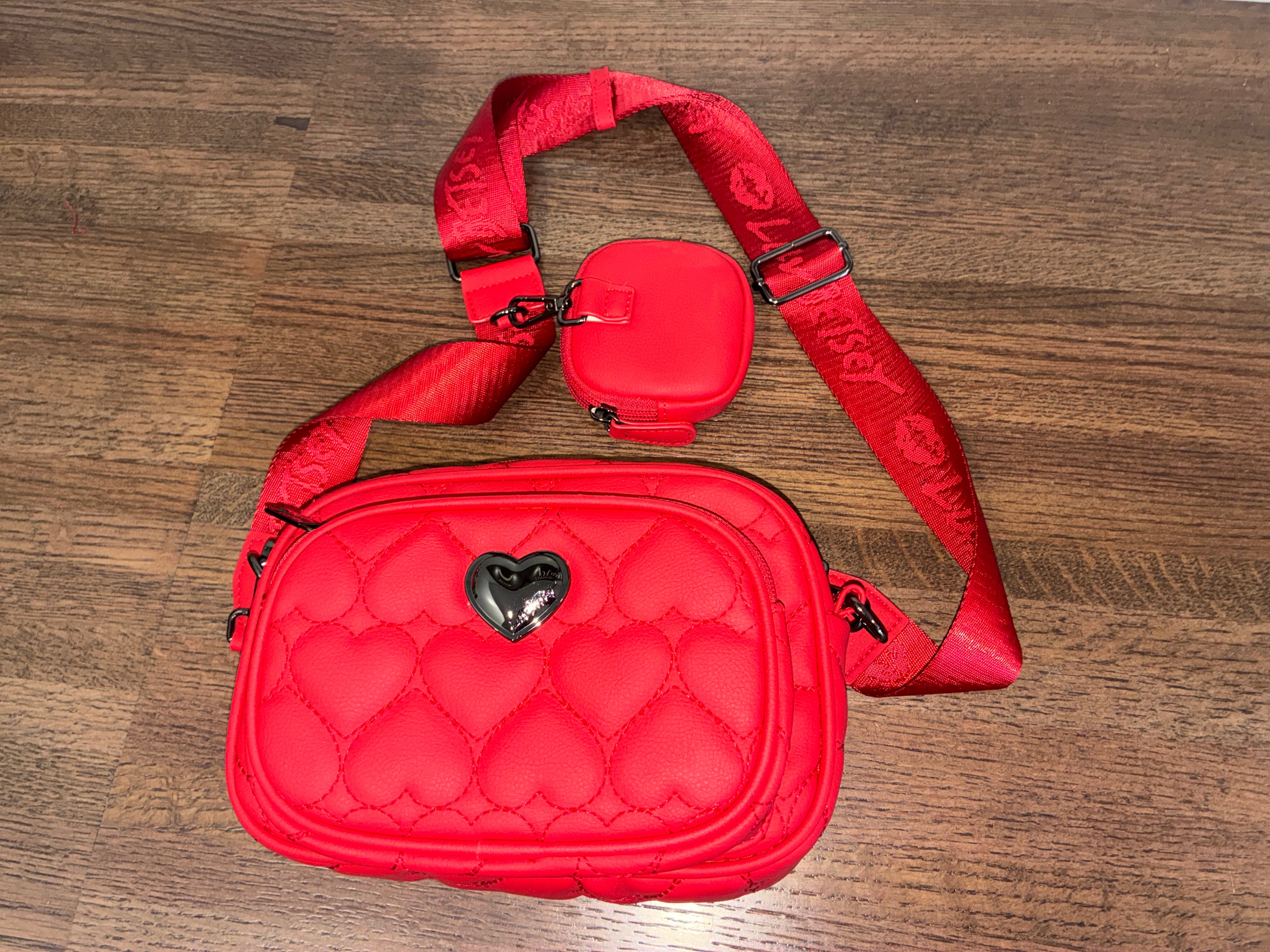 Luv Betsey Heart Quilted Crossbody Camera Bag Red Pink with Mini Pouch