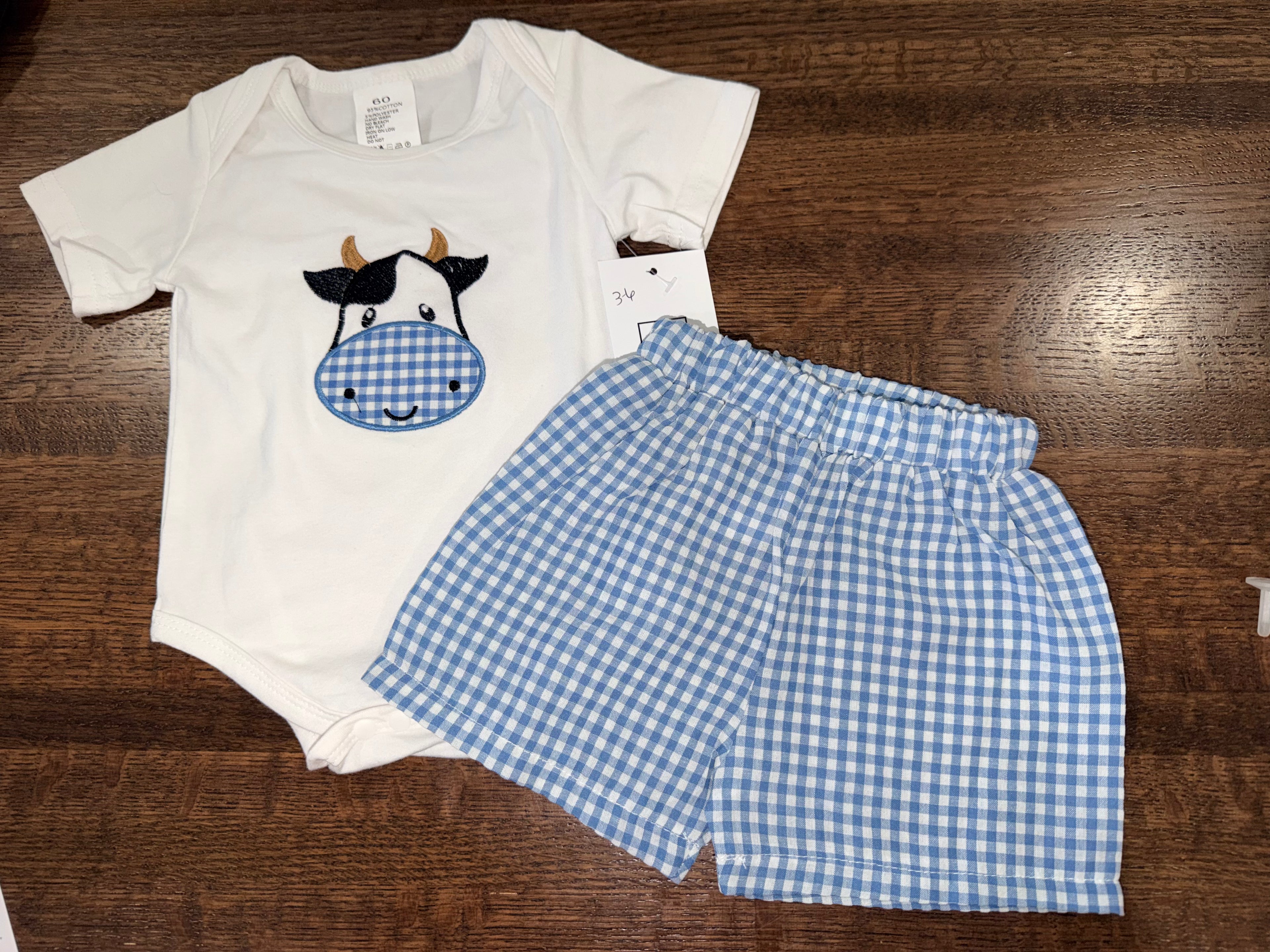 Moo Cow Appliqué Onesie & Gingham Shorts Size 6-12 Months