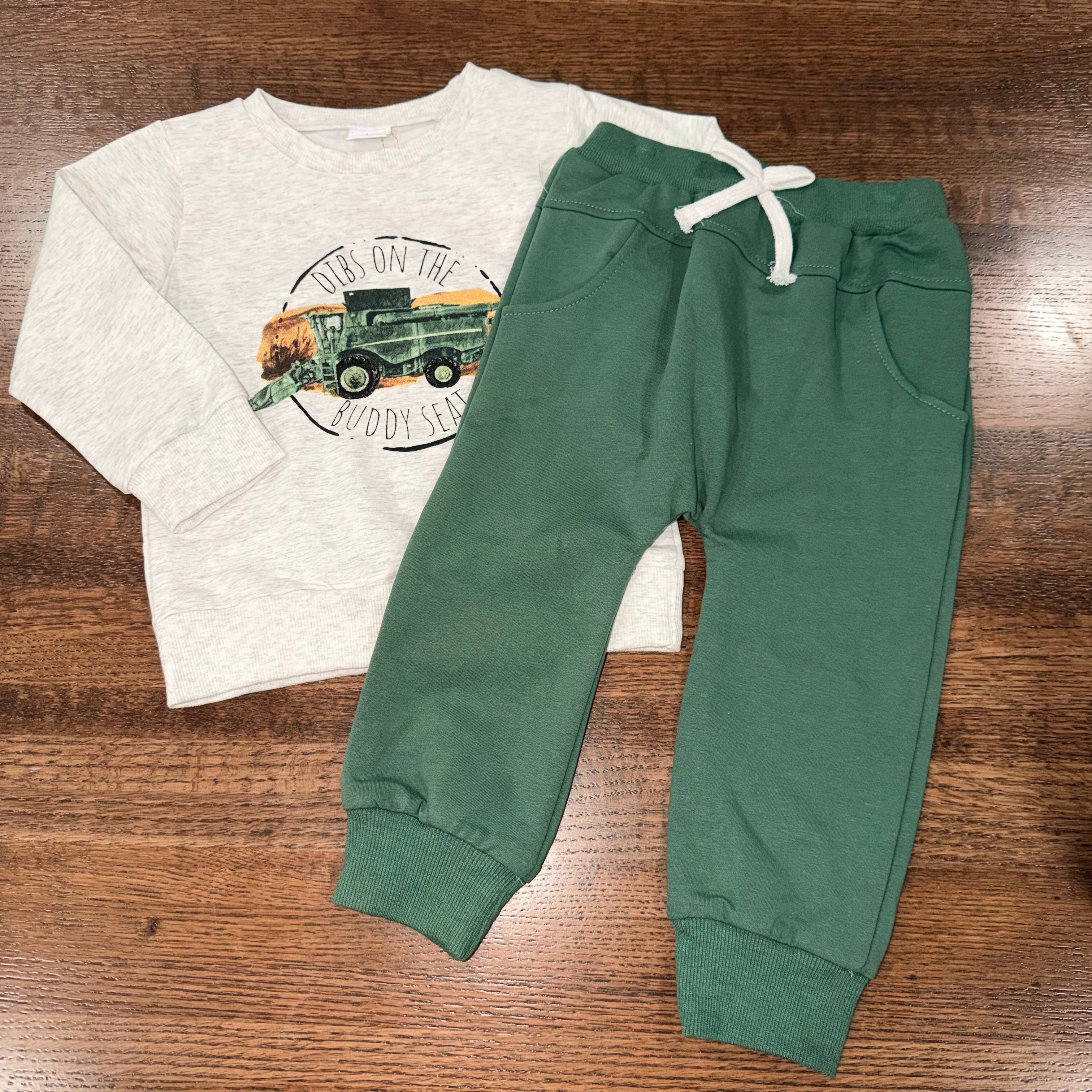 Dibs on the Buddy Seat Boys Tractor Crew & Jogger Set 2pc 18-24 mos NWT