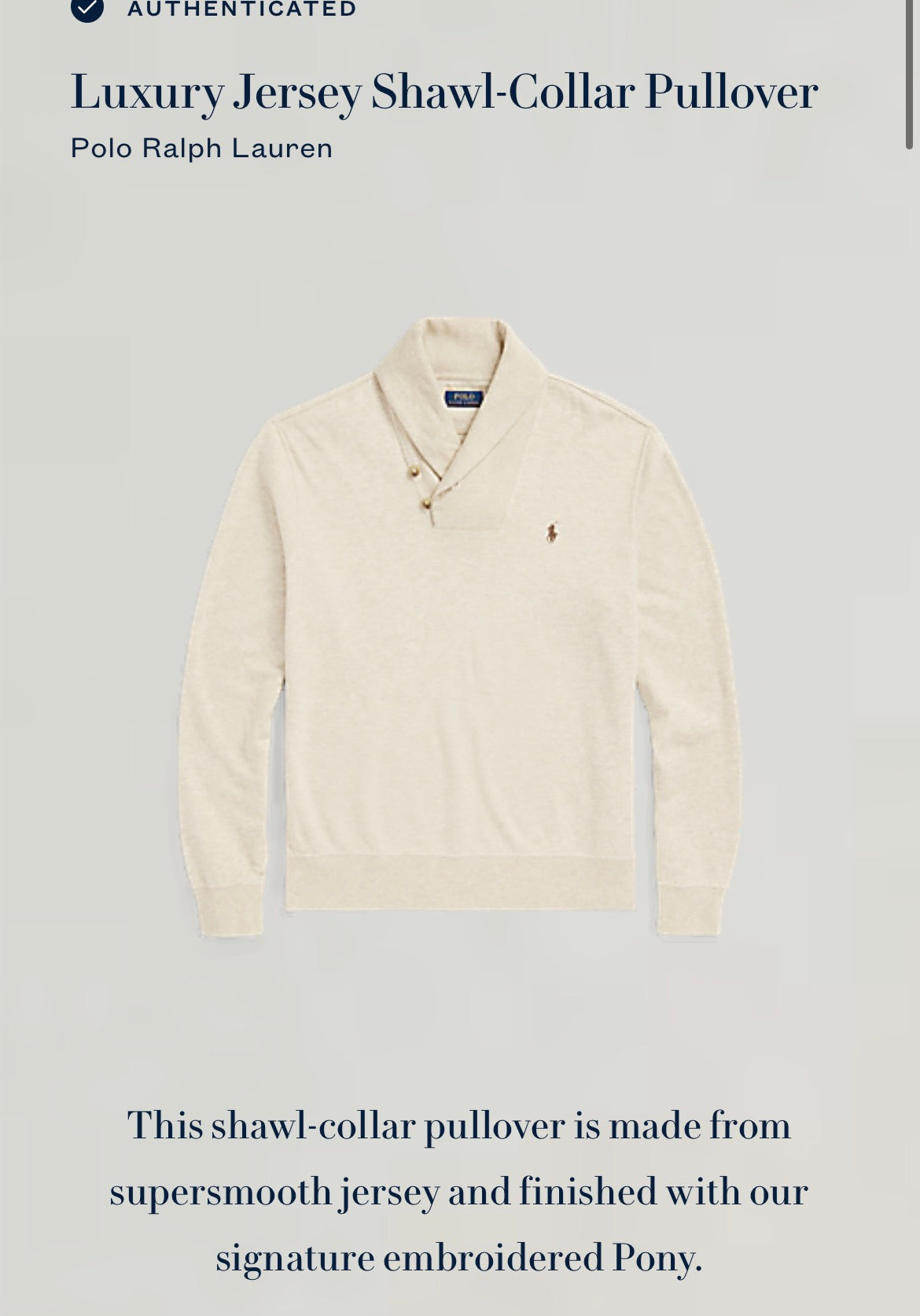 Polo Ralph Lauren Men’s Luxury Jersey Shawl Collar Pullover Size XL