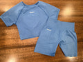 SHAWTY SW Activewear Women’s Blue Seamless Crop Top Biker Shorts Set Size Medium