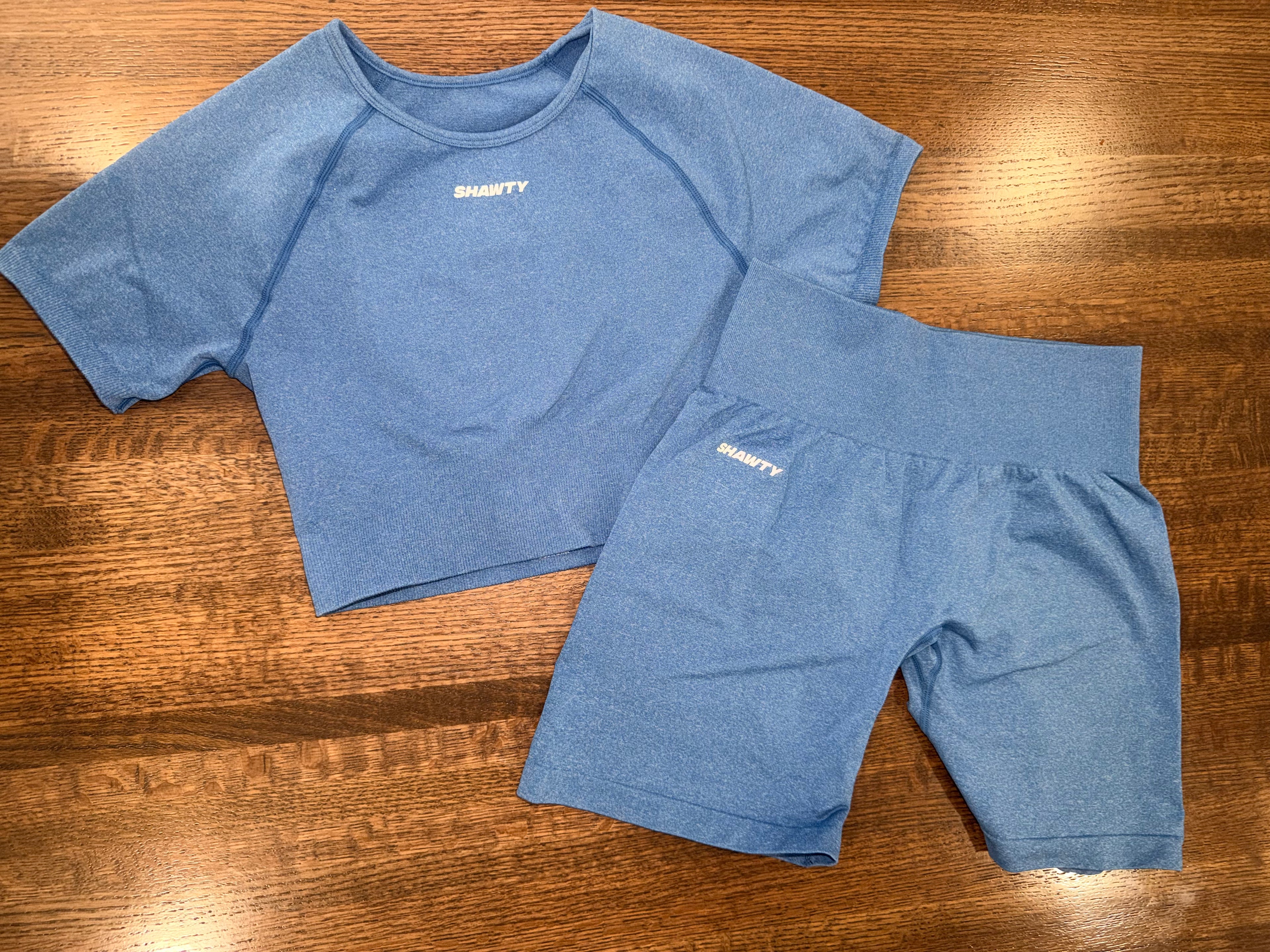 SHAWTY SW Activewear Women’s Blue Seamless Crop Top Biker Shorts Set Size Medium