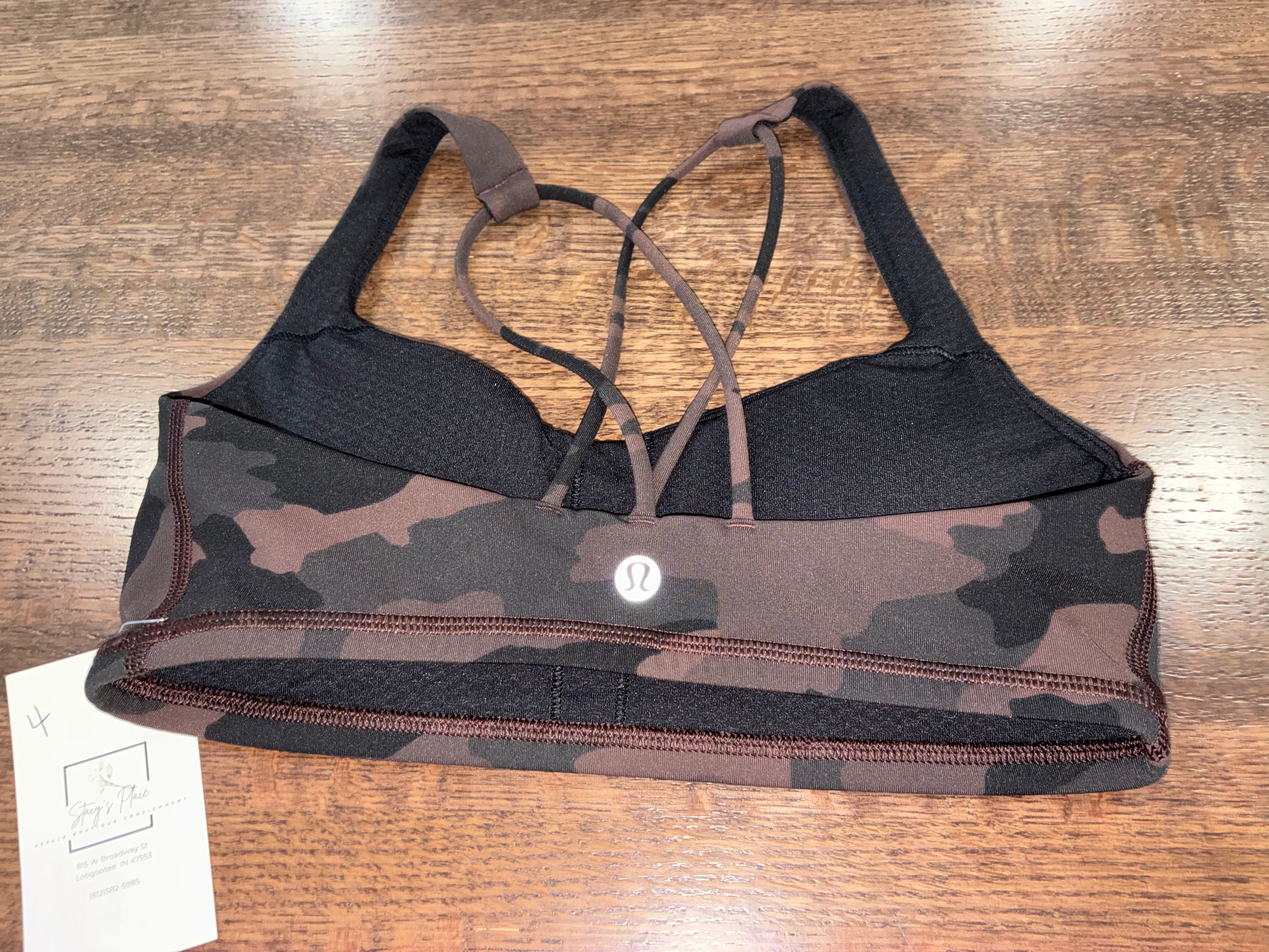 Lululemon Women’s Energy Strappy Sports Bra Size 4 Heritage 365 Camo Brown Earth Multi ••• looks small like a 00