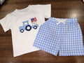 USA Tractor Appliqué Top with Gingham Check Shorts Size 3-6 Months New