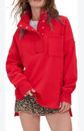 Locachy Women’s Oversized Sweatshirt Red Snap Collar Pullover Pocket Size M