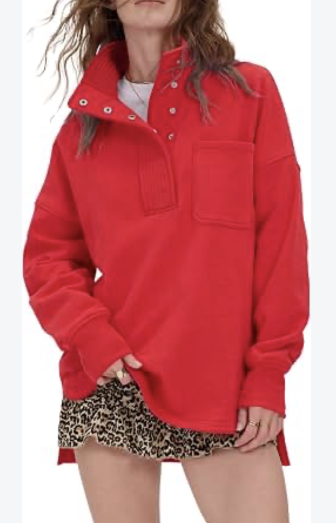 Locachy Women’s Oversized Sweatshirt Red Snap Collar Pullover Pocket Size M
