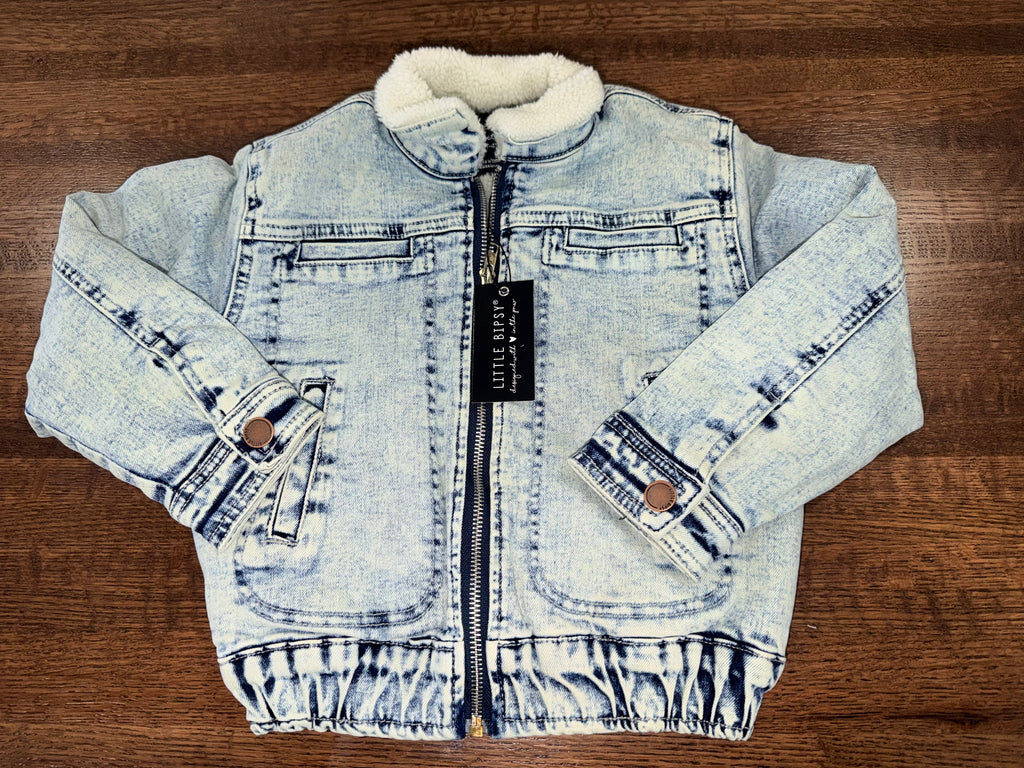 Little Bipsy Boys Sherpa Lined Denim Bomber Jacket Size 3/4 3T 4T NWT