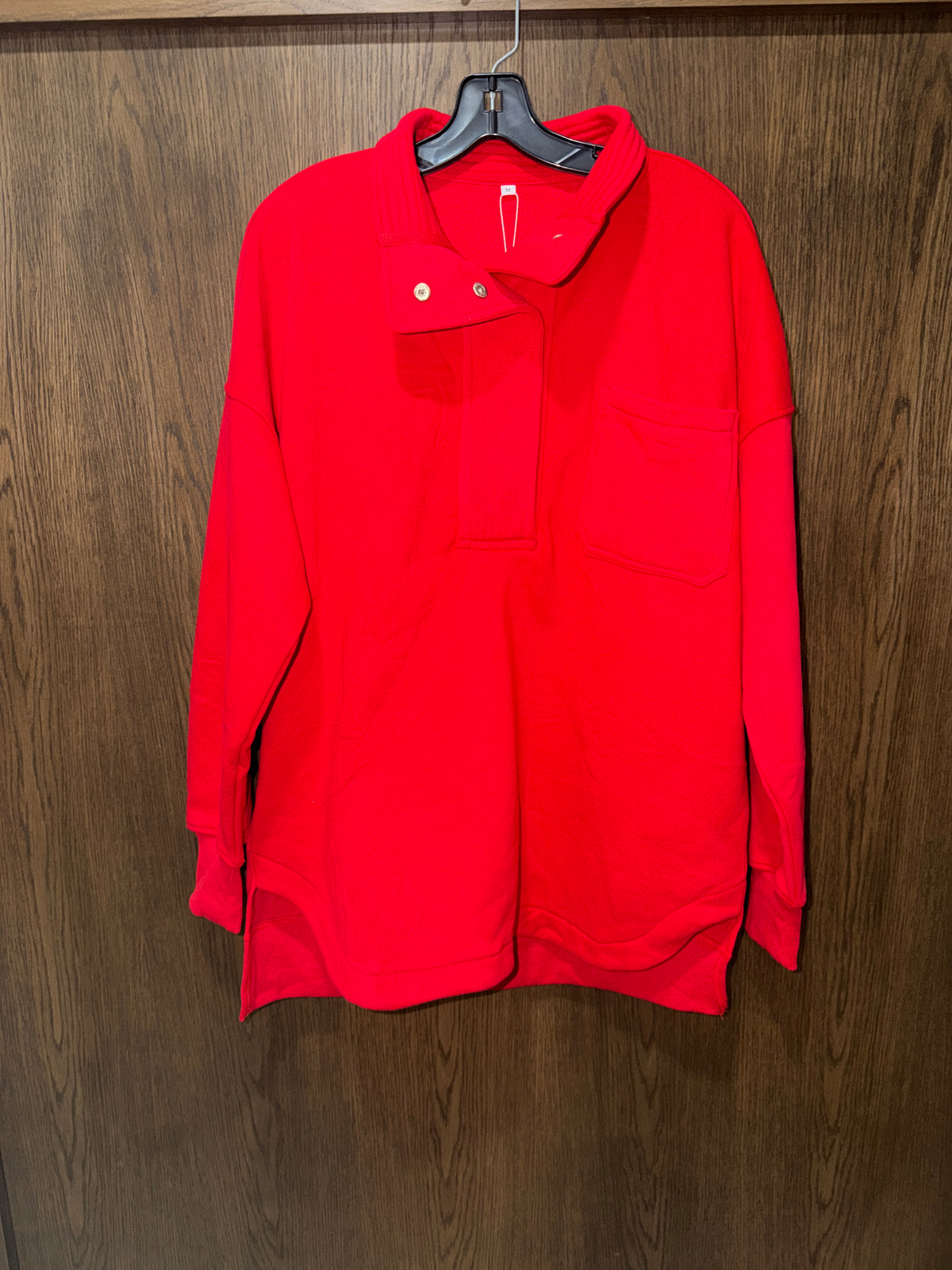 Locachy Women’s Oversized Sweatshirt Red Snap Collar Pullover Pocket Size M