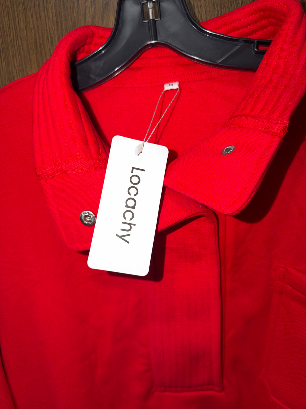 Locachy Women’s Oversized Sweatshirt Red Snap Collar Pullover Pocket Size M