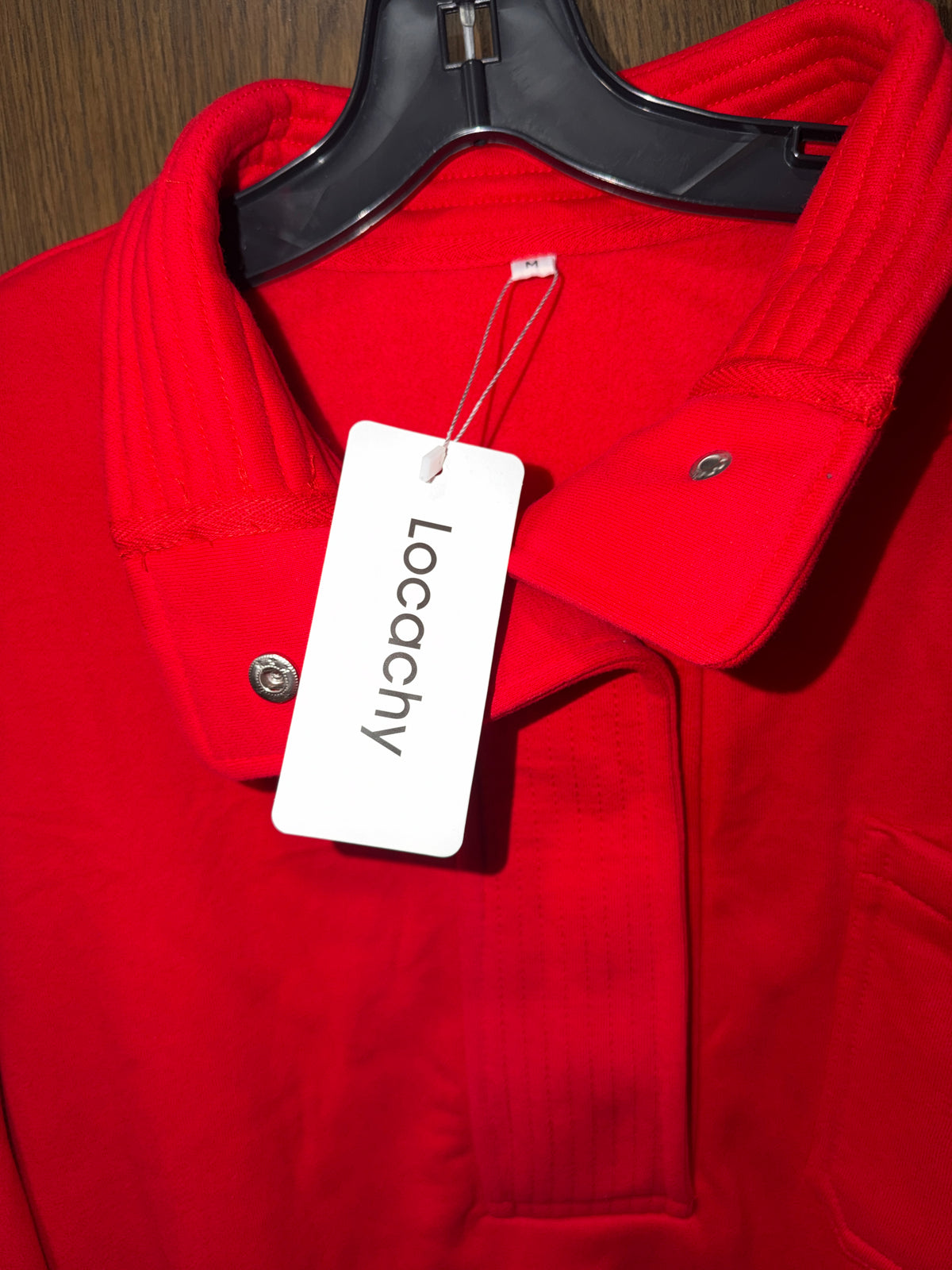 Locachy Women’s Oversized Sweatshirt Red Snap Collar Pullover Pocket Size M