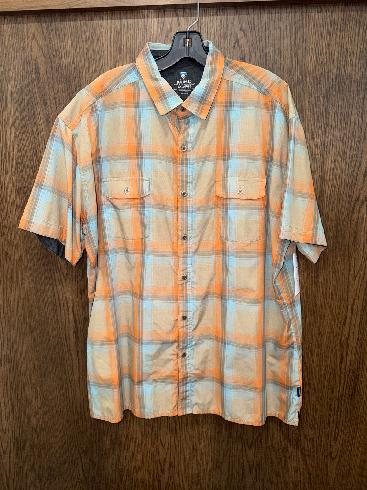 Kuhl Men's Response Short-Sleeve Plaid Button-Up Shirt in Orange and Blue XXL