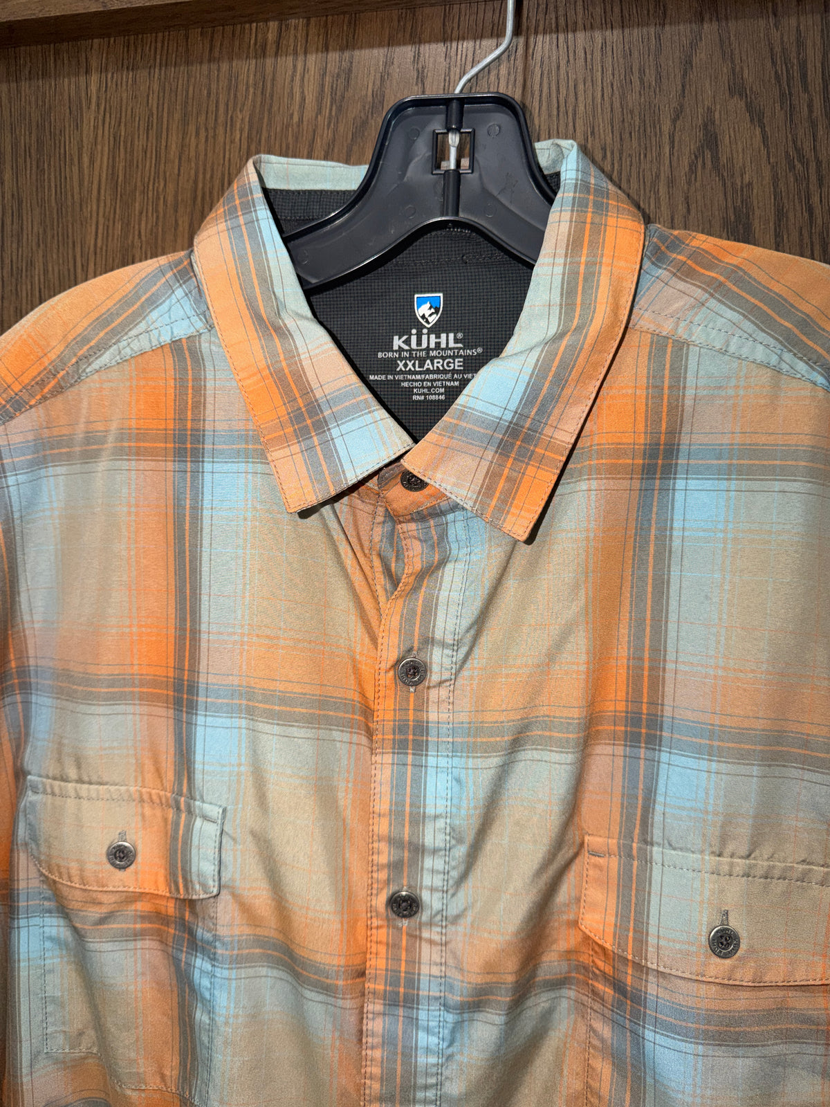 Kuhl Men's Response Short-Sleeve Plaid Button-Up Shirt in Orange and Blue XXL