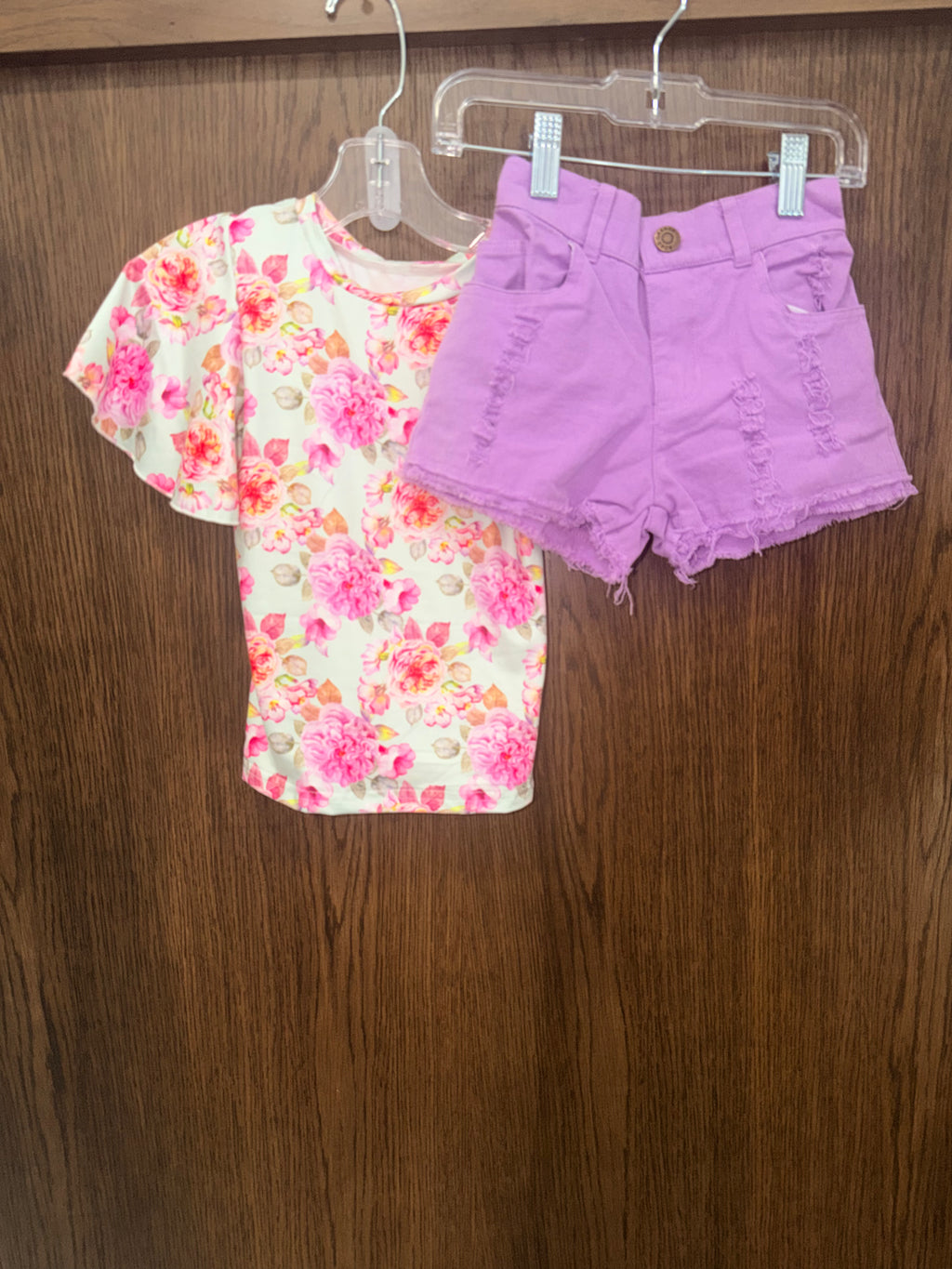 Lady Charm NWT Boutique  Girls Floral Top Purple Denim Shorts Set Size 2/3 2T 3T