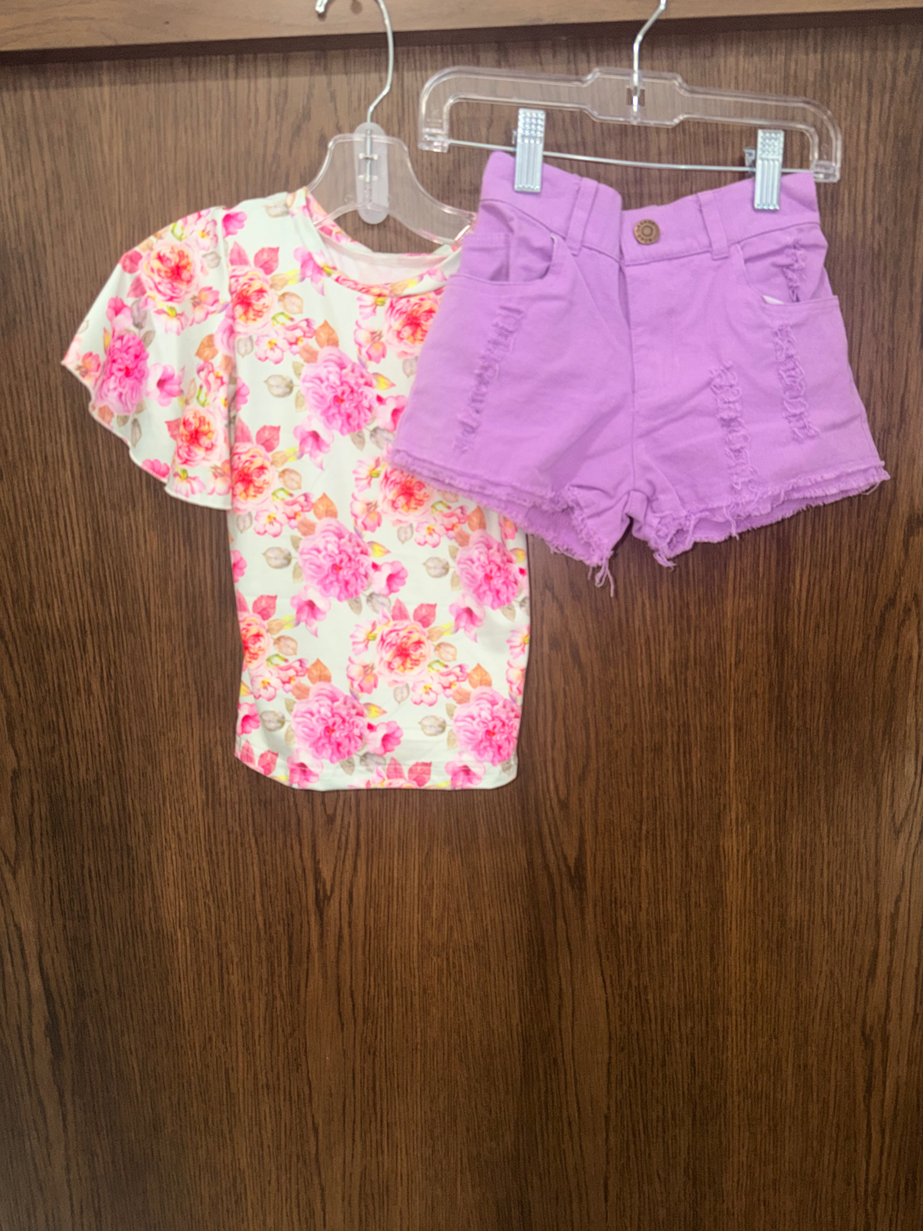 Lady Charm NWT Boutique  Girls Floral Top Purple Denim Shorts Set Size 4/5 4T 5T