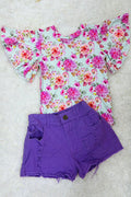 Lady Charm NWT Boutique  Girls Floral Top Purple Denim Shorts Set Size 2/3 2T 3T