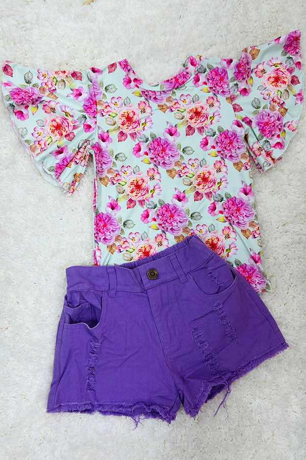 Lady Charm NWT Boutique  Girls Floral Top Purple Denim Shorts Set Size 4/5 4T 5T