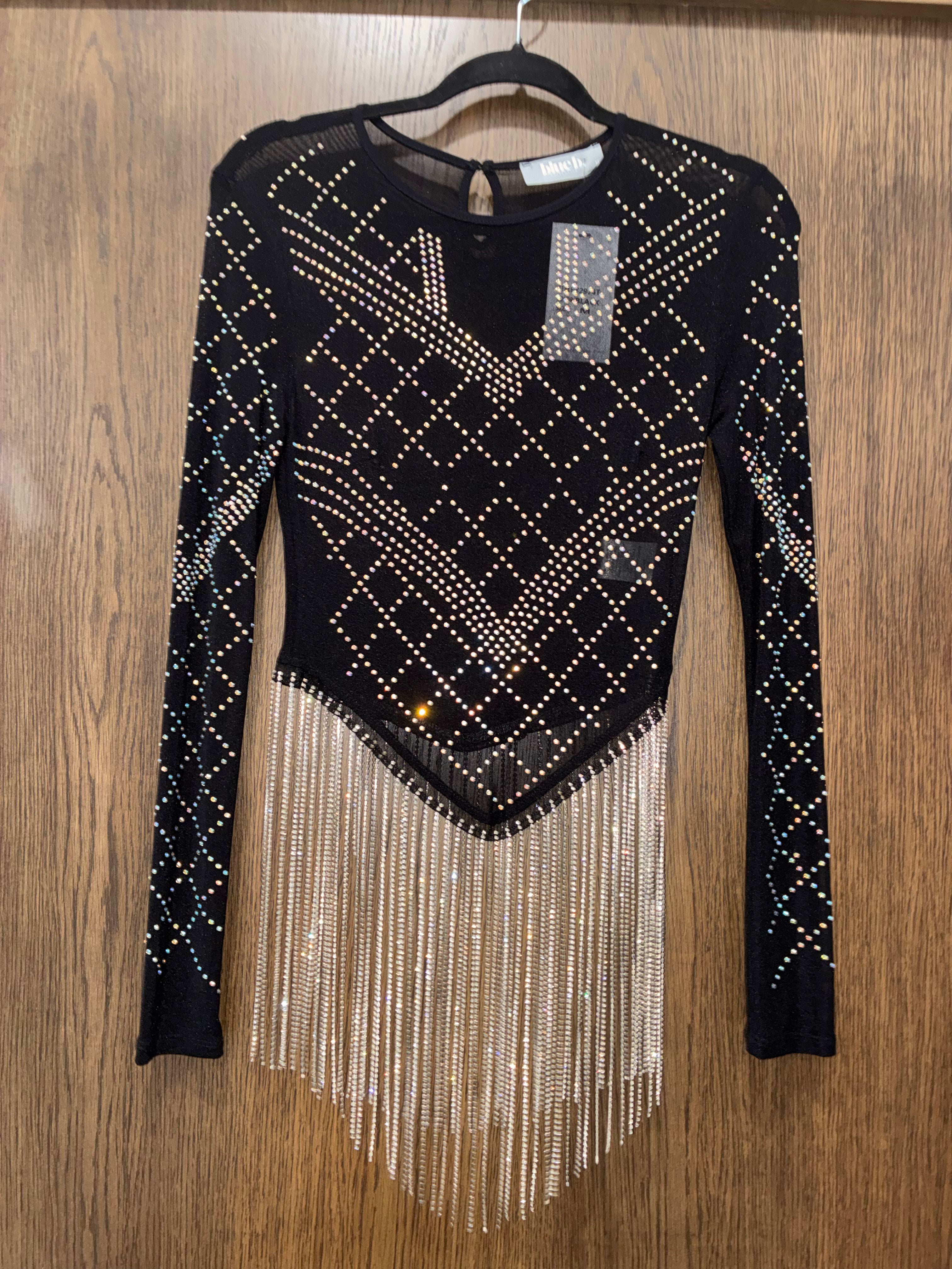 Blue B black Mesh long-sleeve Top with Rhinestone Embellishments and a Cascading Crystal Fringe Hem Size Medium NWT
