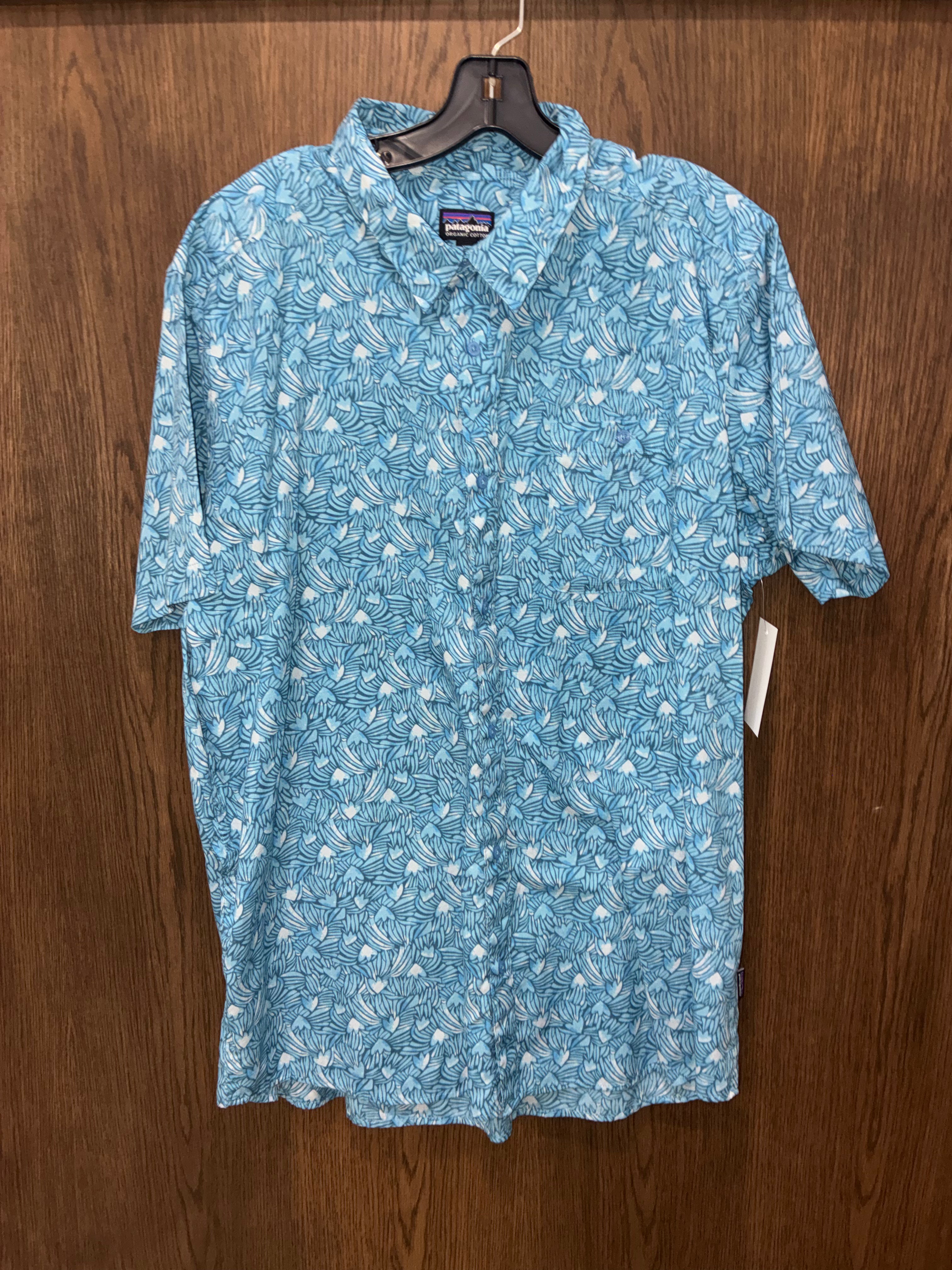 PATAGONIA MENS GO TO SHIRT Block Party Lago Blue Size XXL 2X Organic Cotton