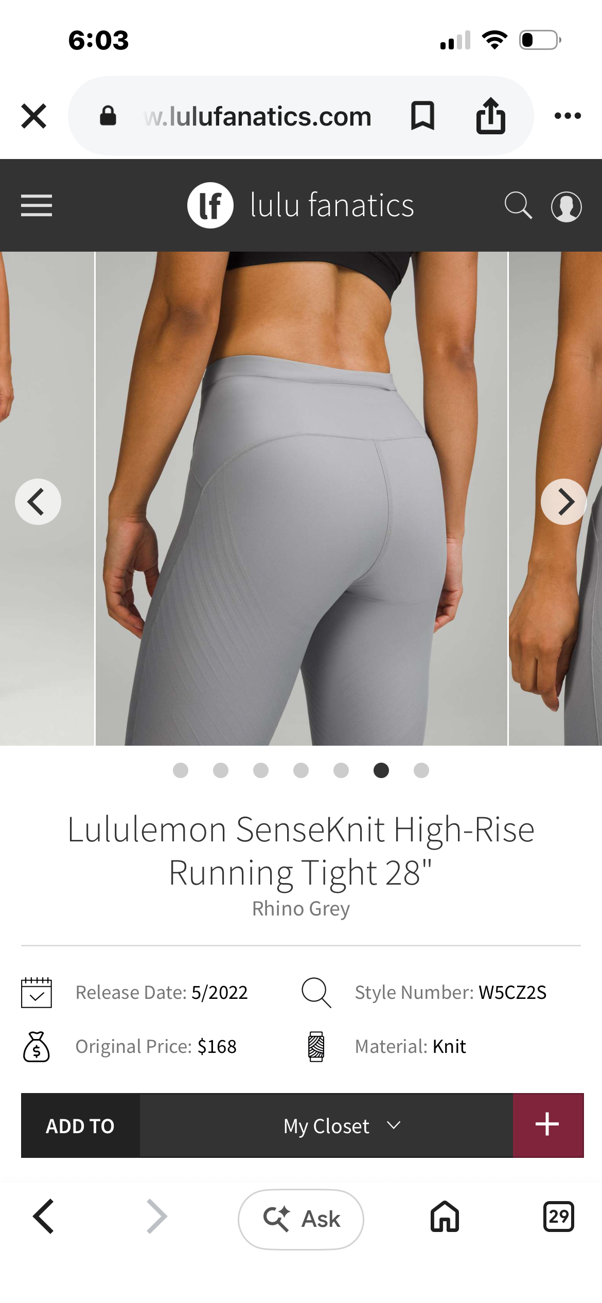Lululemon SenseKnit High-Rise
Running Tight 28"
Rhino Grey Size 6