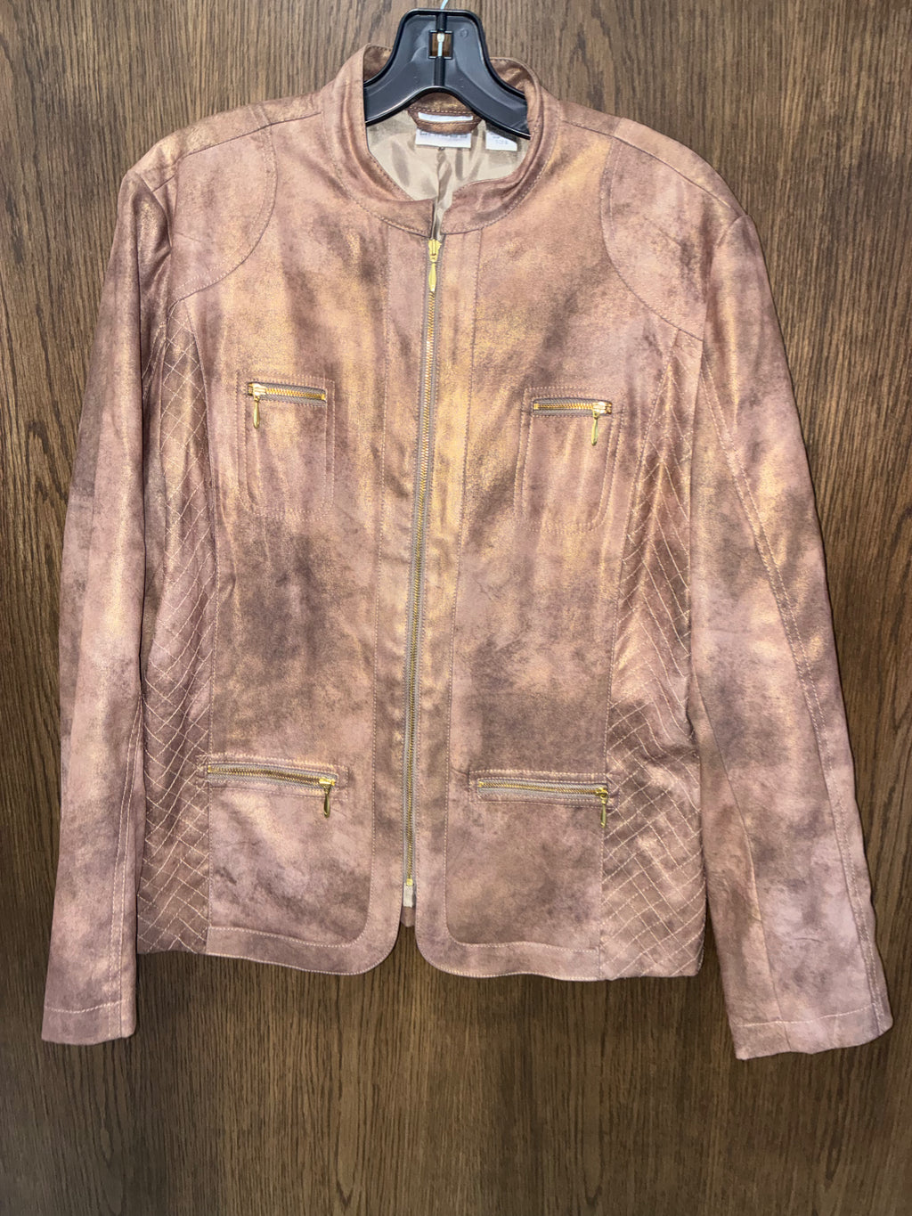 Chico’s Women’s Size 2 L Metallic Bronze Faux Suede Jacket Quilted Zip Pockets