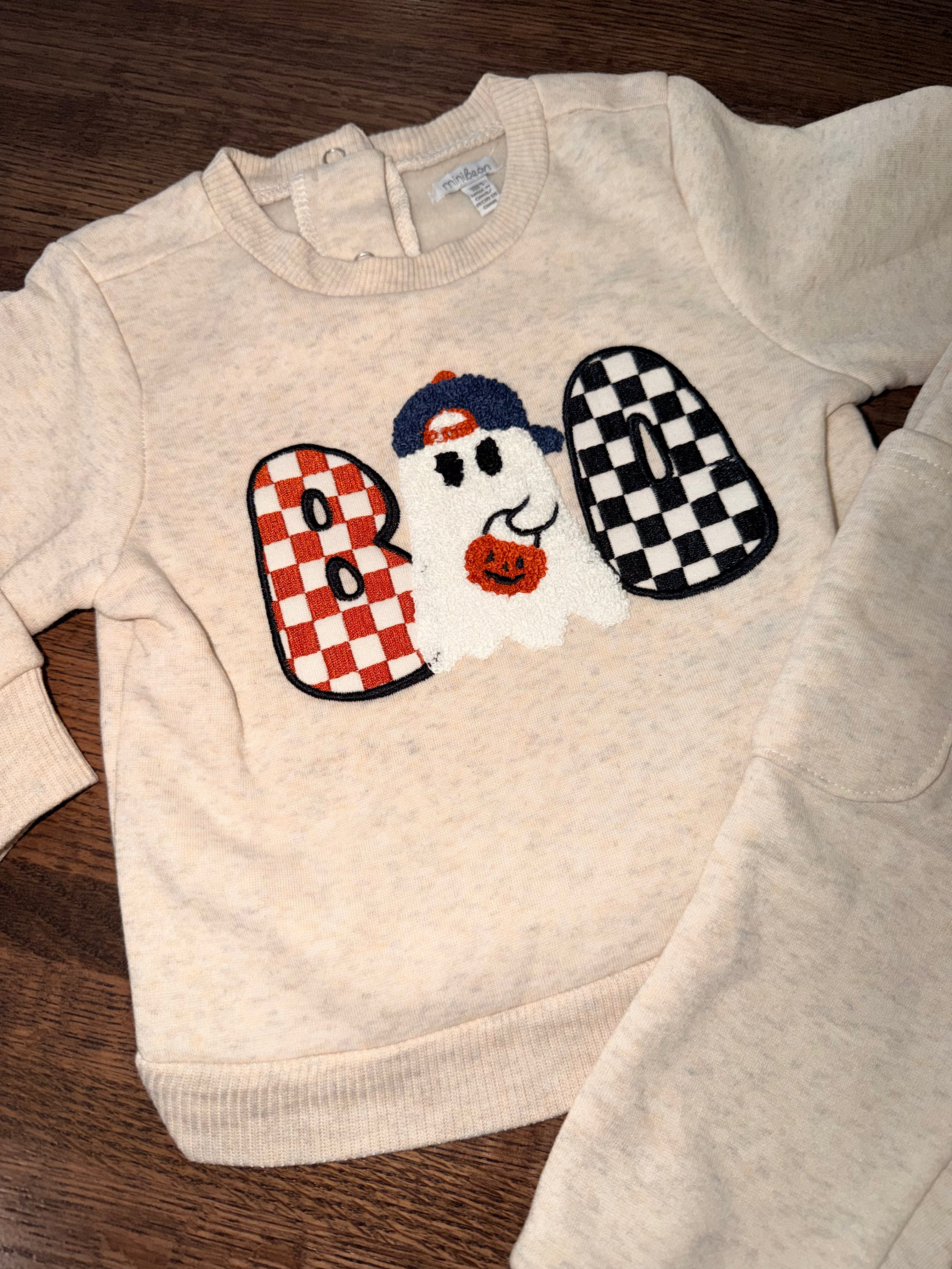 Mini Bean "Boo" Boys Crew Neck Sweatshirt & Cargo Joggers Sweatsuit Size 18 Months Like New