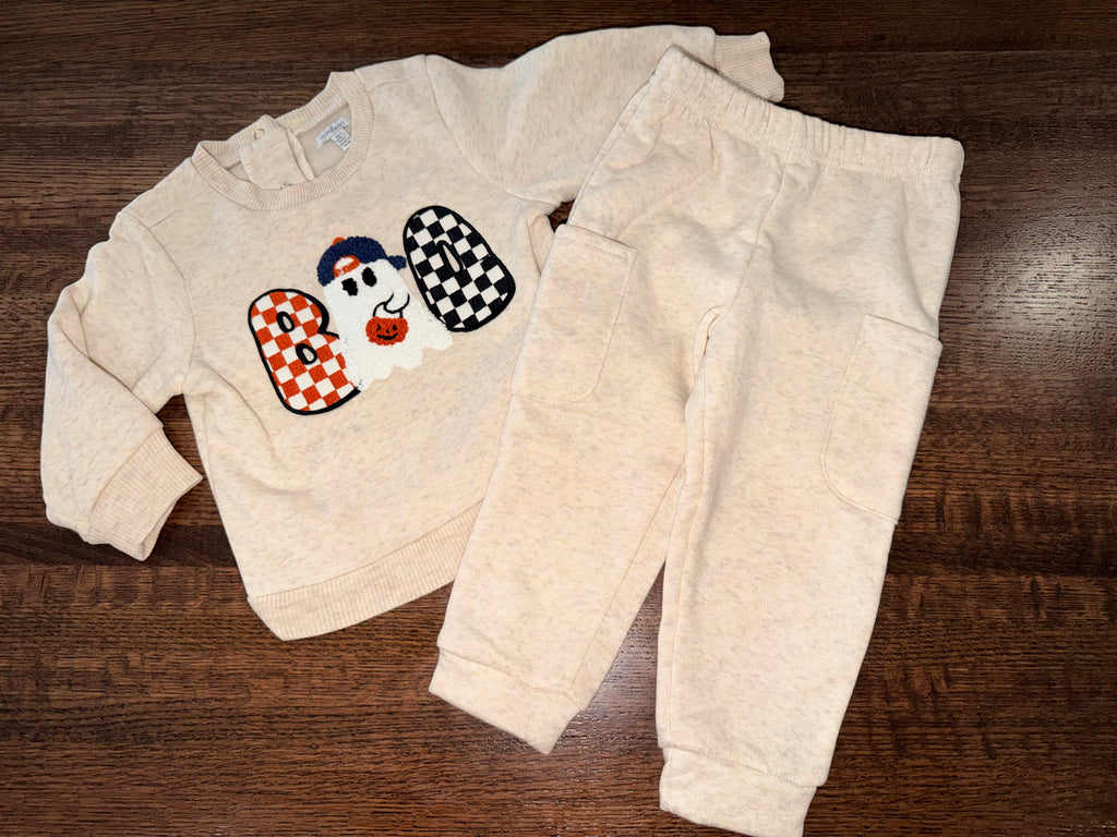Mini Bean "Boo" Boys Crew Neck Sweatshirt & Cargo Joggers Sweatsuit Size 18 Months Like New