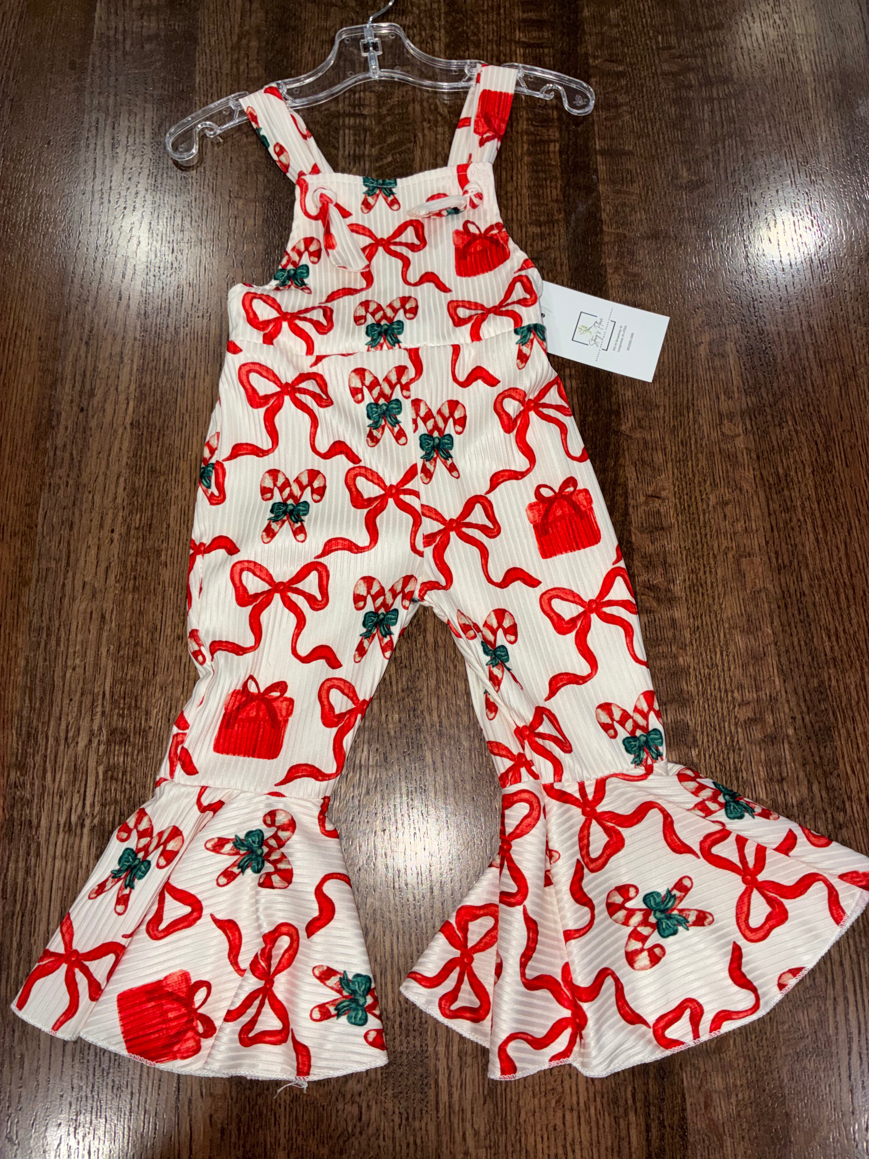 Candy Cane Bows Girls Christmas Bell Bottom Jumpsuit Overall Romper 18 Months New
