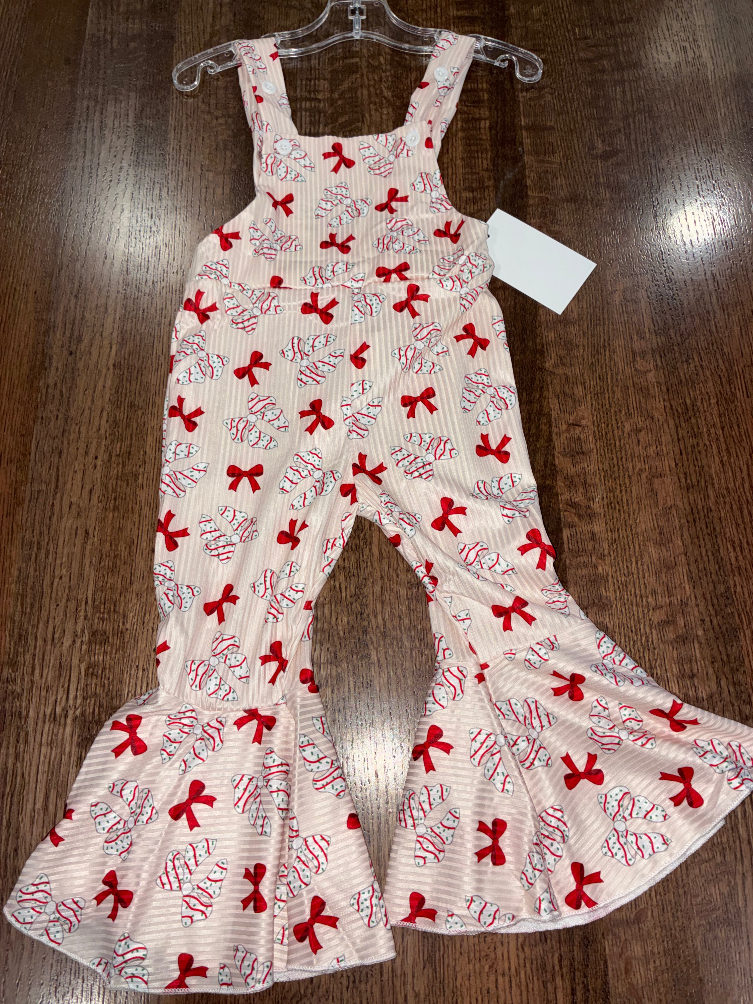 Christmas Cake & Bows Girls Bell Bottom Jumpsuit Overall Romper 24 Months 2T New