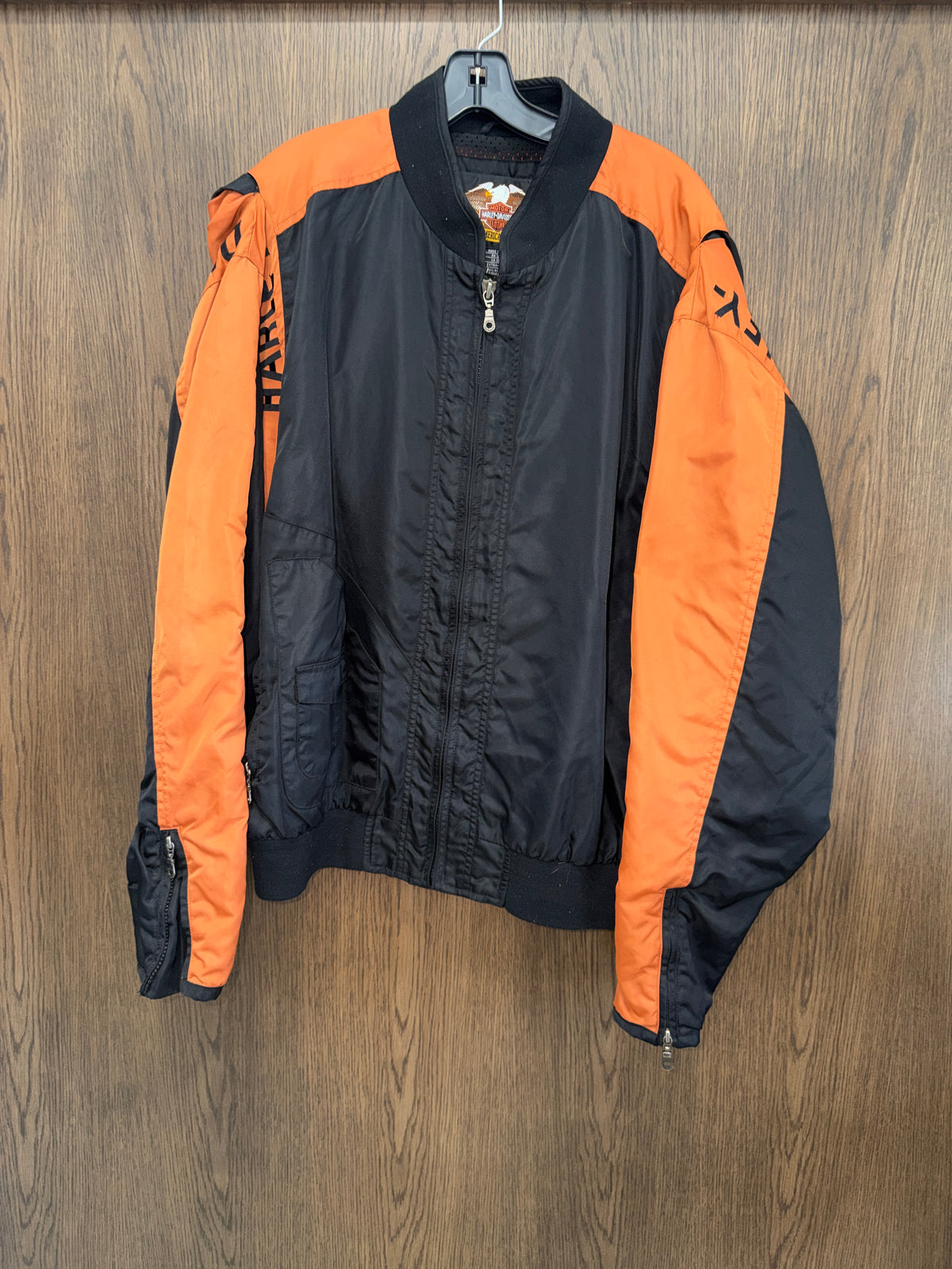 Harley Davidson Men’s Vintage Black and Orange Bomber Jacket Size XL