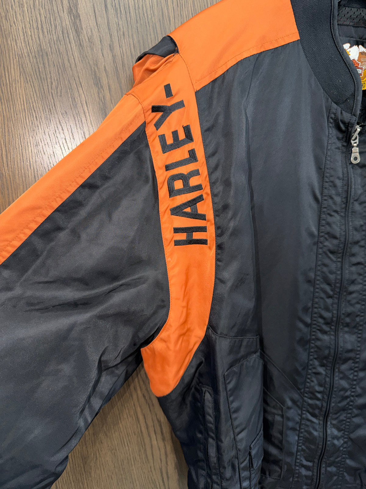 Harley Davidson Men’s Vintage Black and Orange Bomber Jacket Size XL