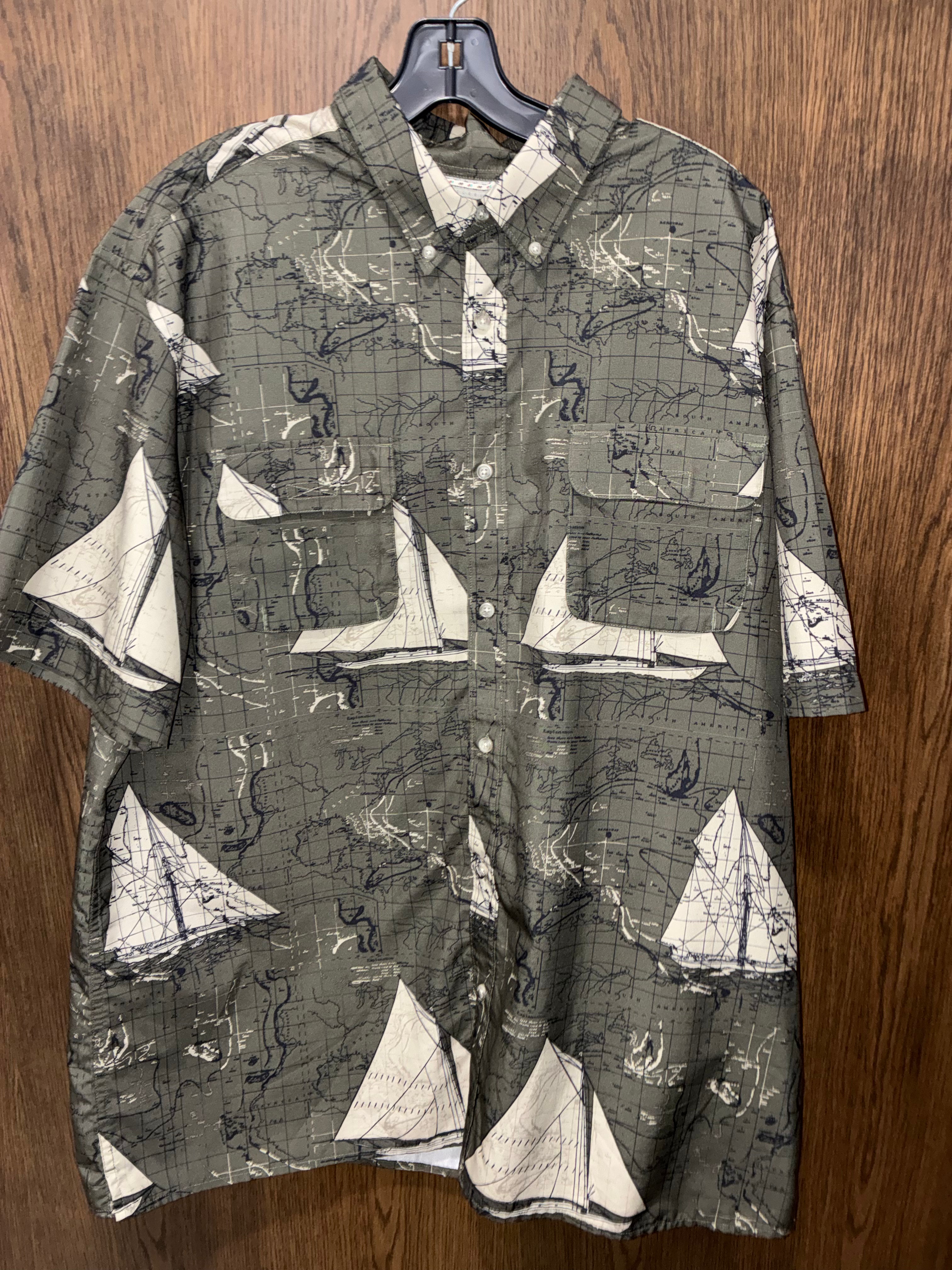 Chaps Men’s XXL Tall Nautical Sailboat Map Print Fishing Shirt Vent Back Button Up