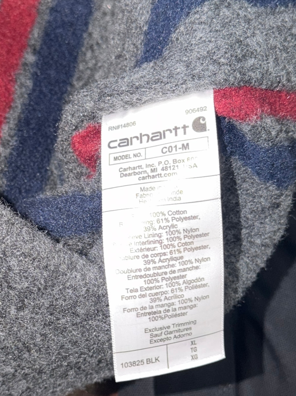 Carhartt 103825 C01-M Chore Coat Men’s XL Black Blanket Lined Duck Jacket NWOT