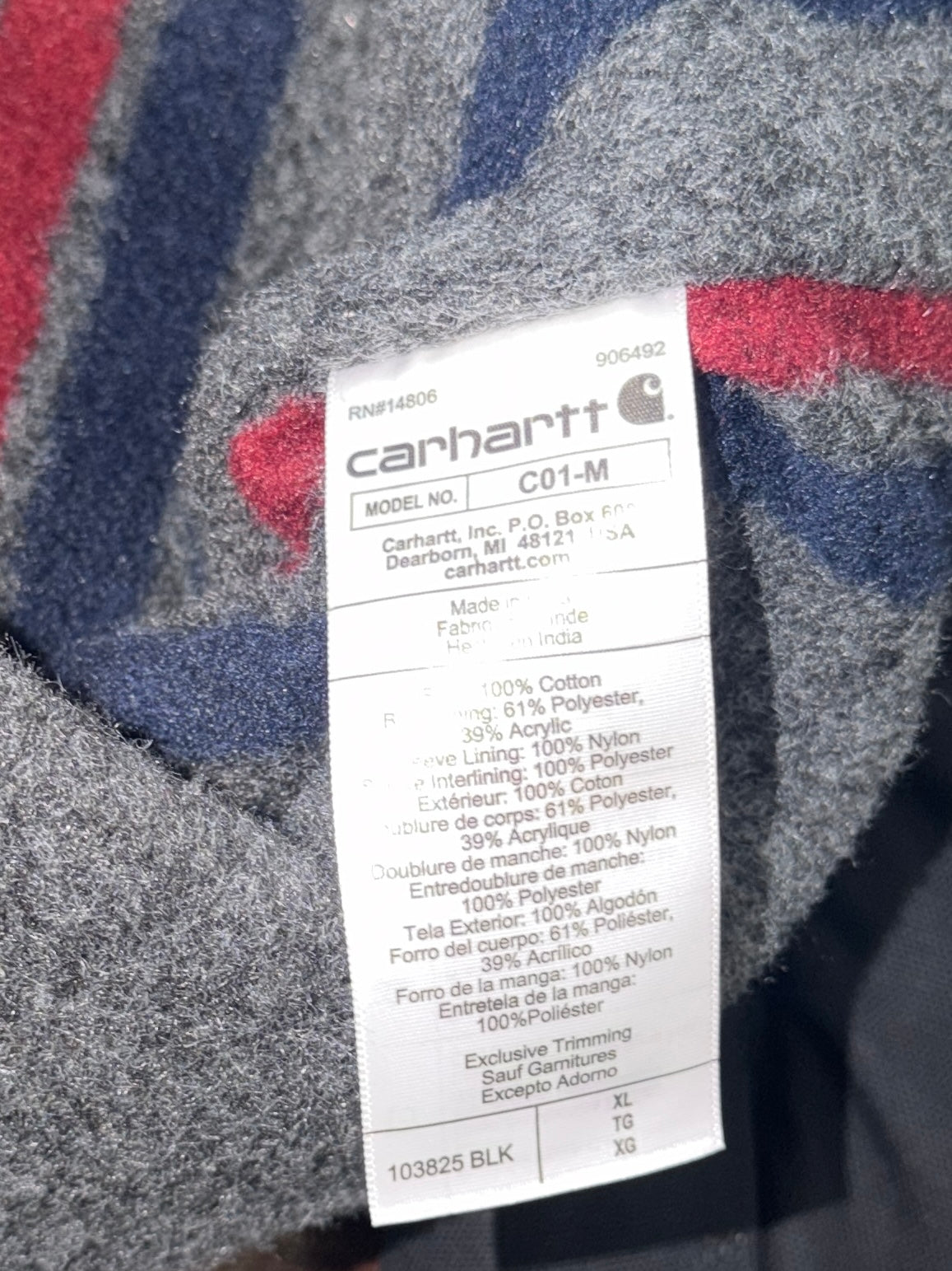 Carhartt 103825 C01-M Chore Coat Men’s XL Black Blanket Lined Duck Jacket NWOT